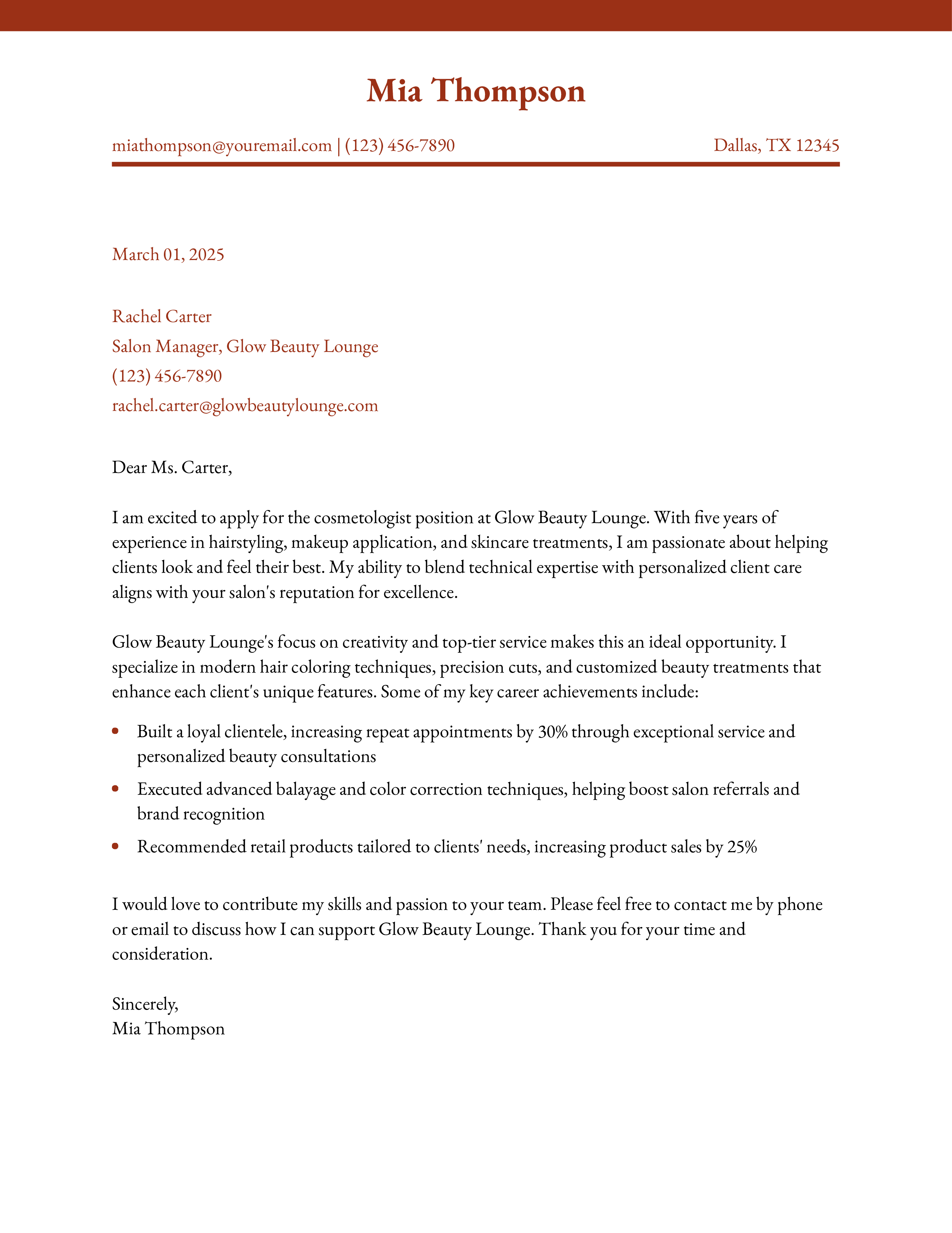 Cosmetology Cover Letter