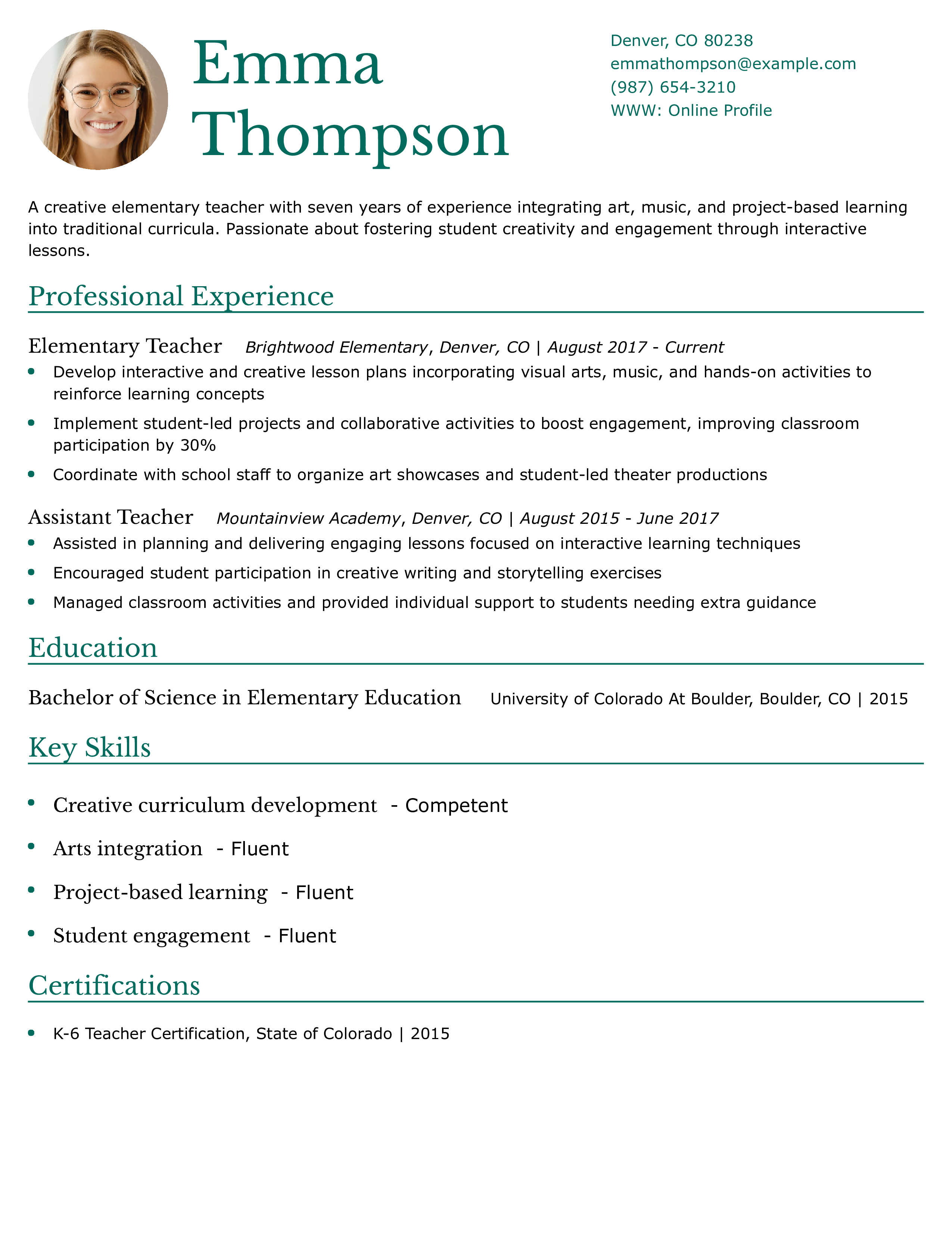 Creative Elementary Teacher Resume