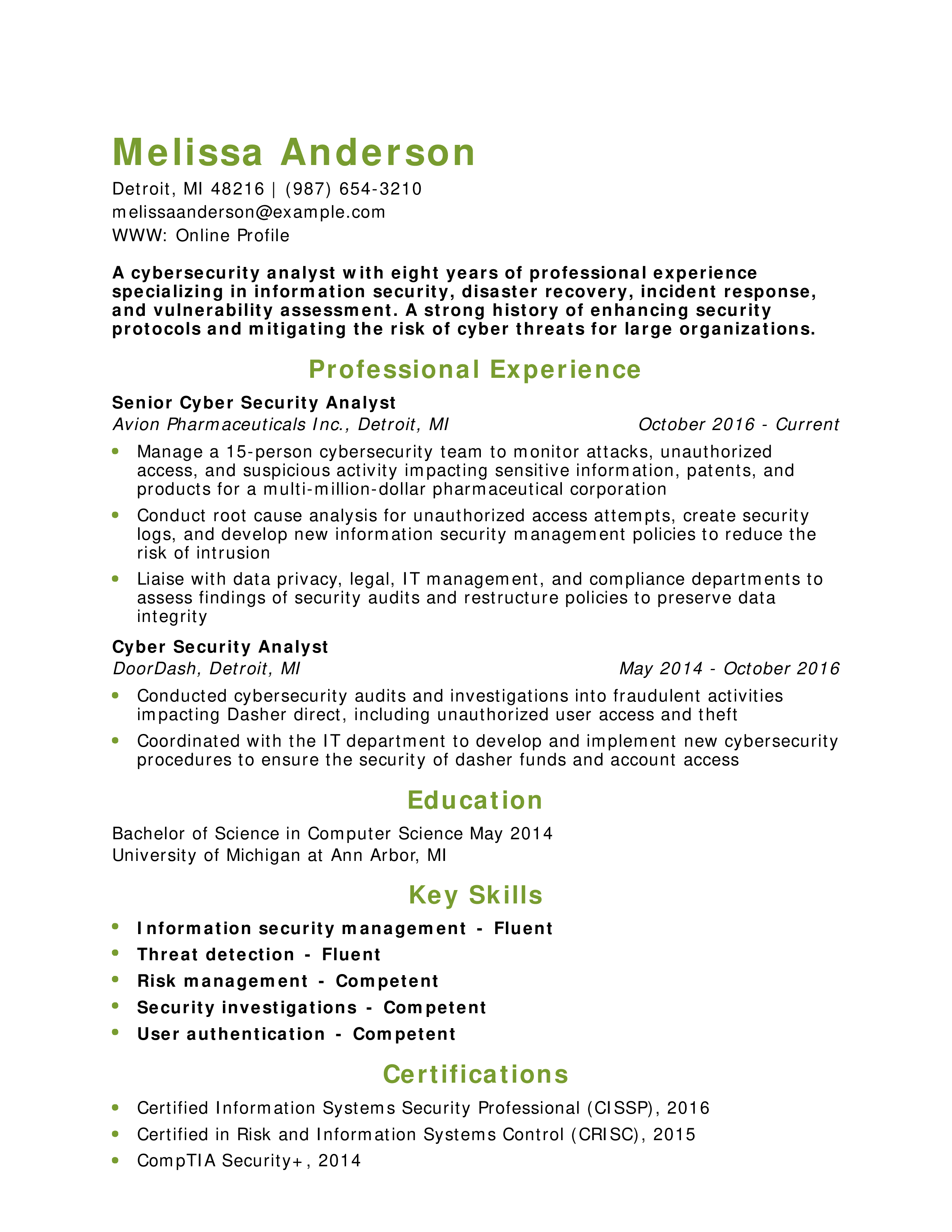 Cybersecurity Analyst Resume