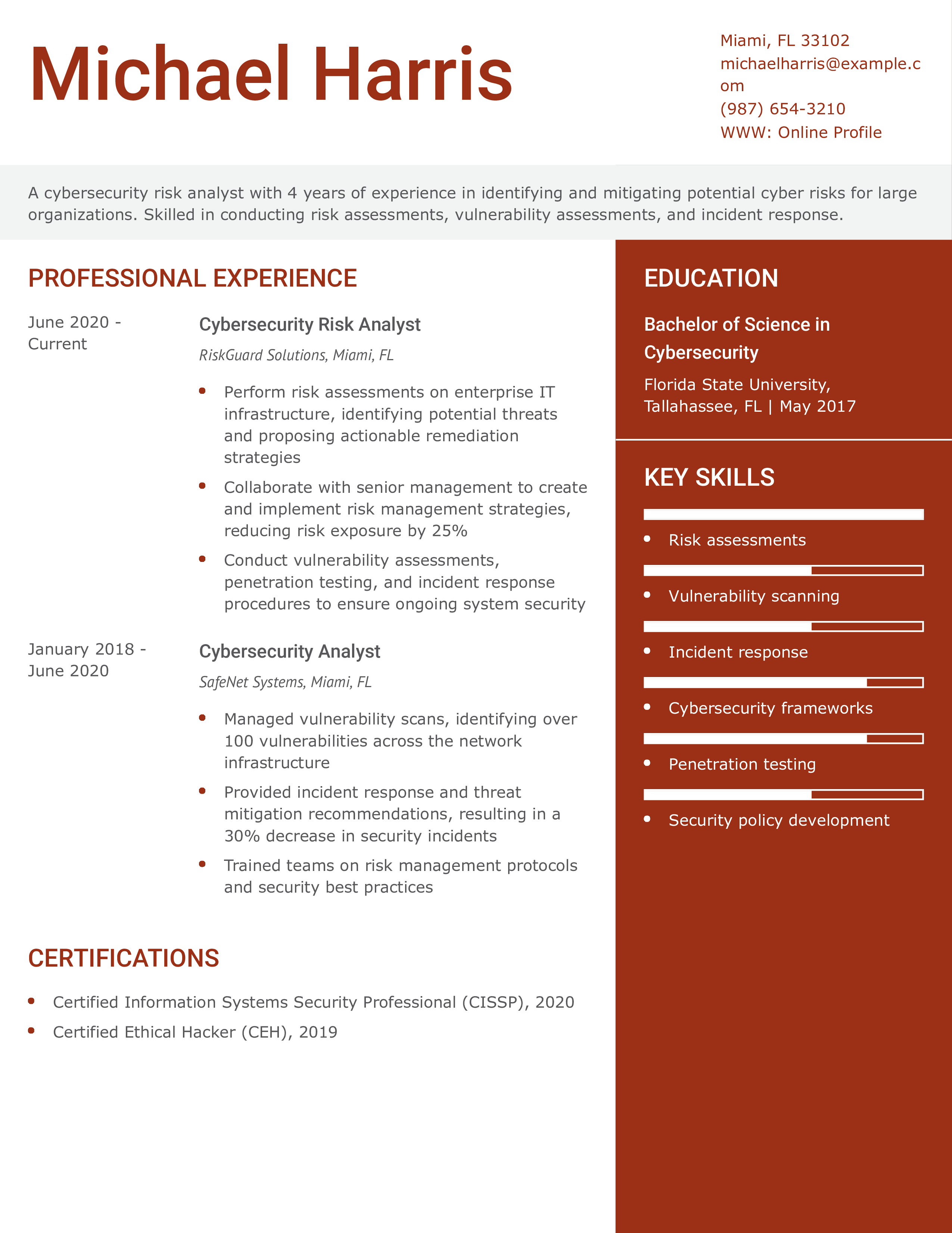 Cybersecurity Risk Analyst Resume