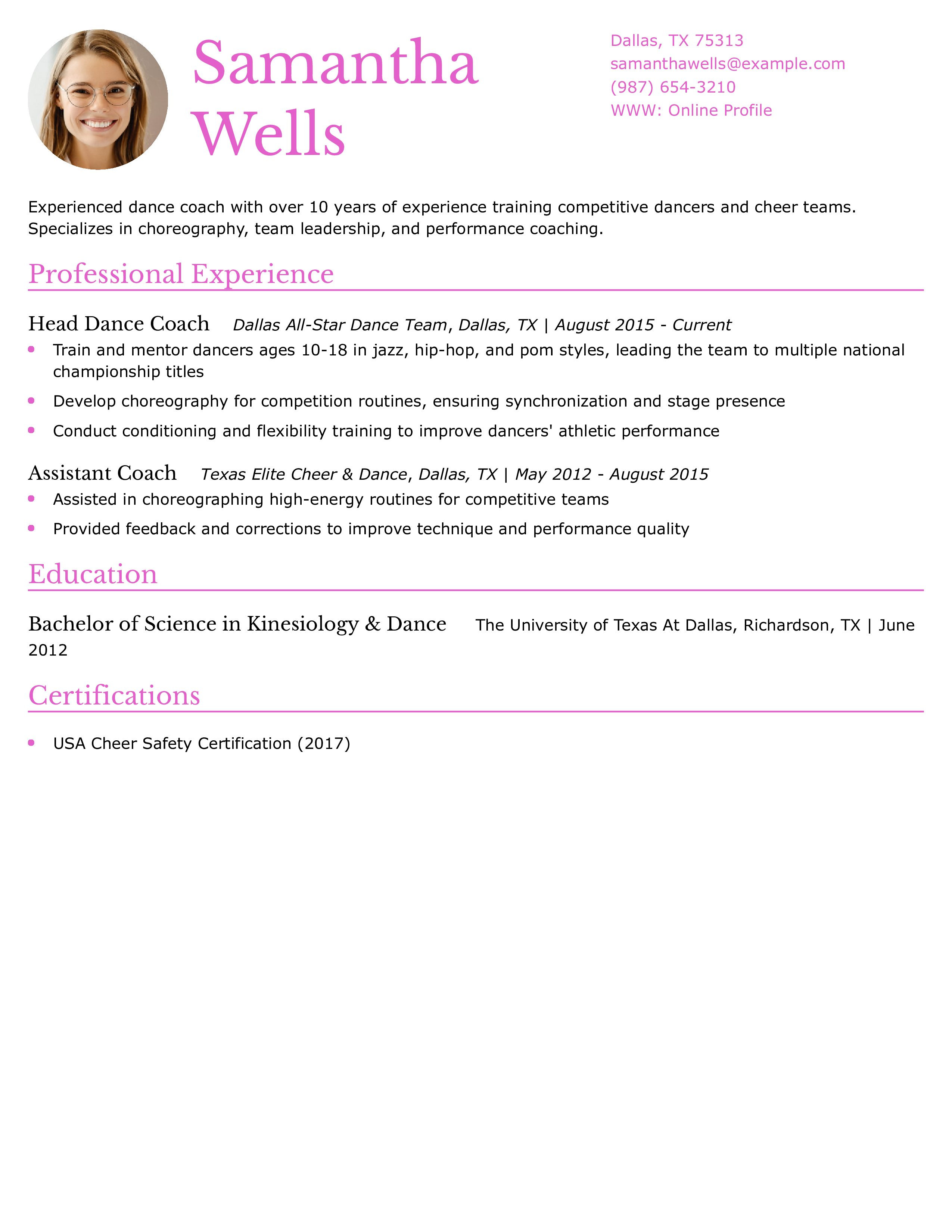 Dance Coach Resume