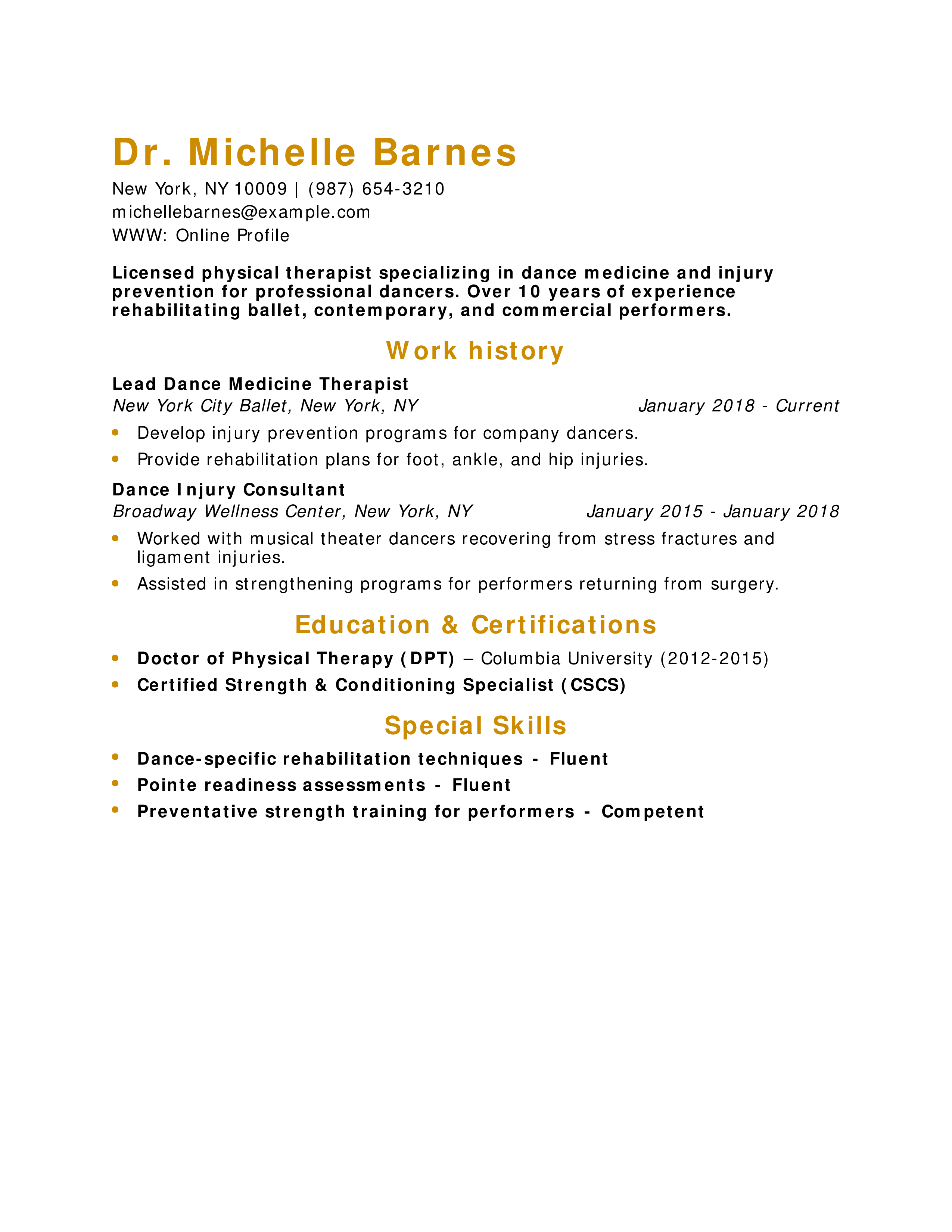 Dance Medicine Specialist Resume