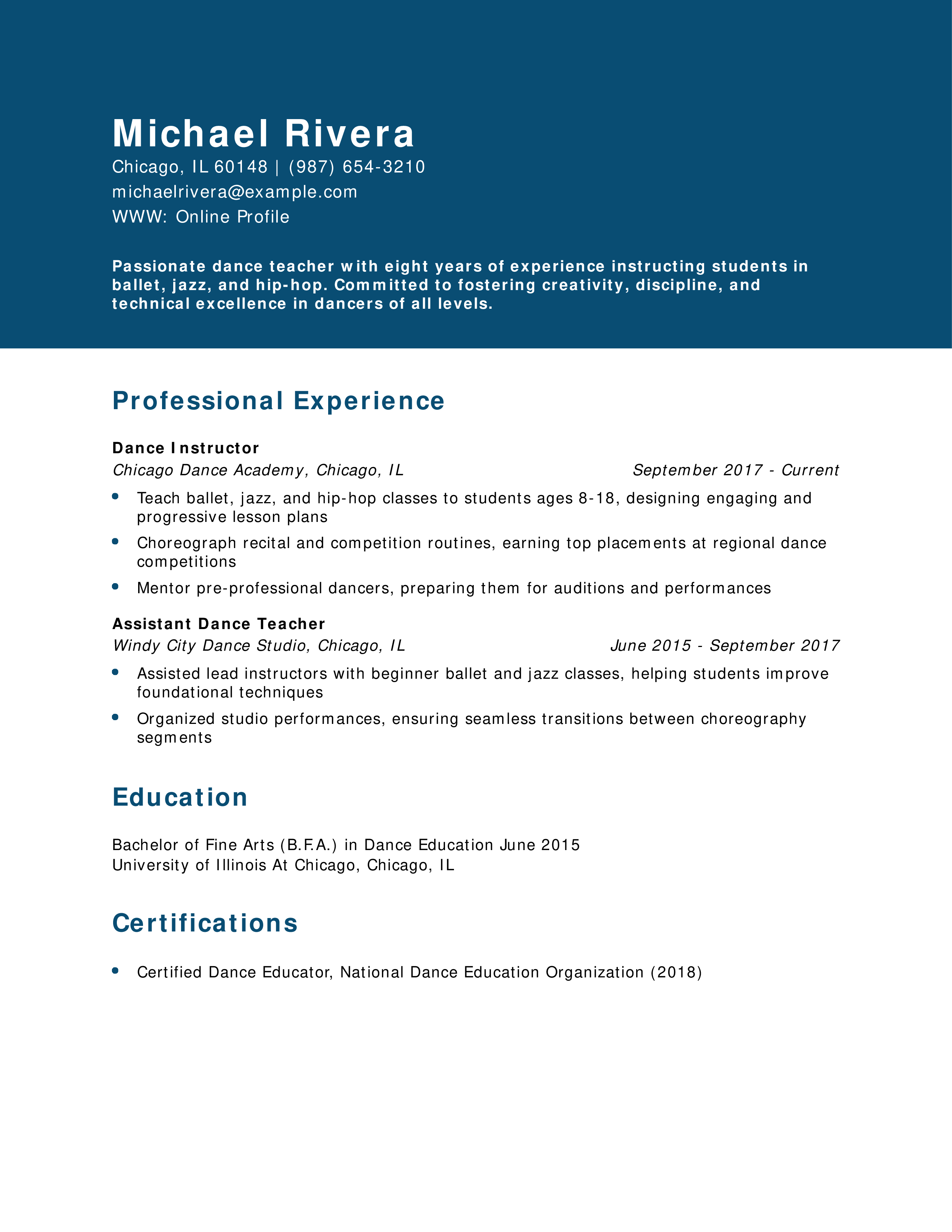 Dance Teacher Resume