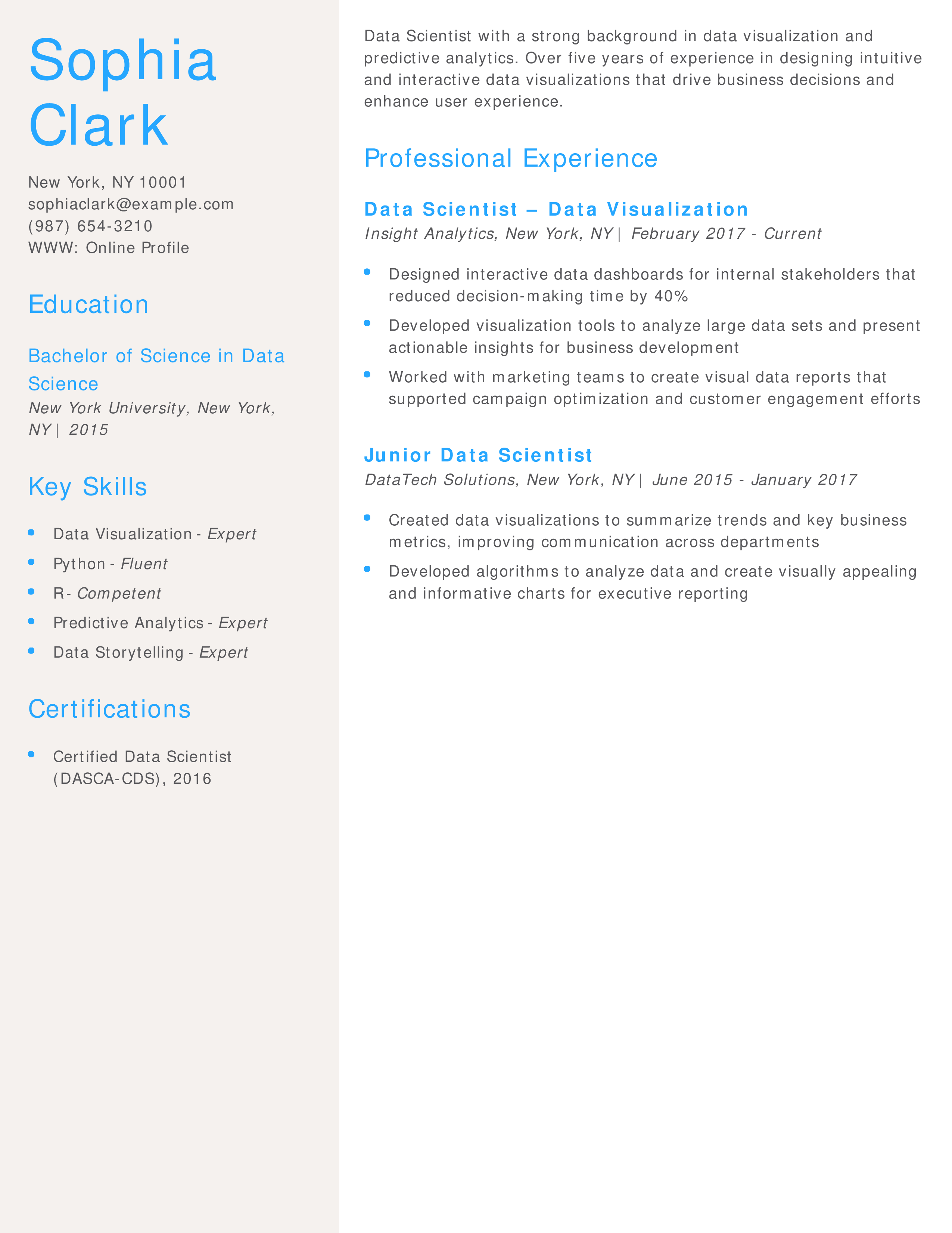 Data Visualization Data Scientist Resume