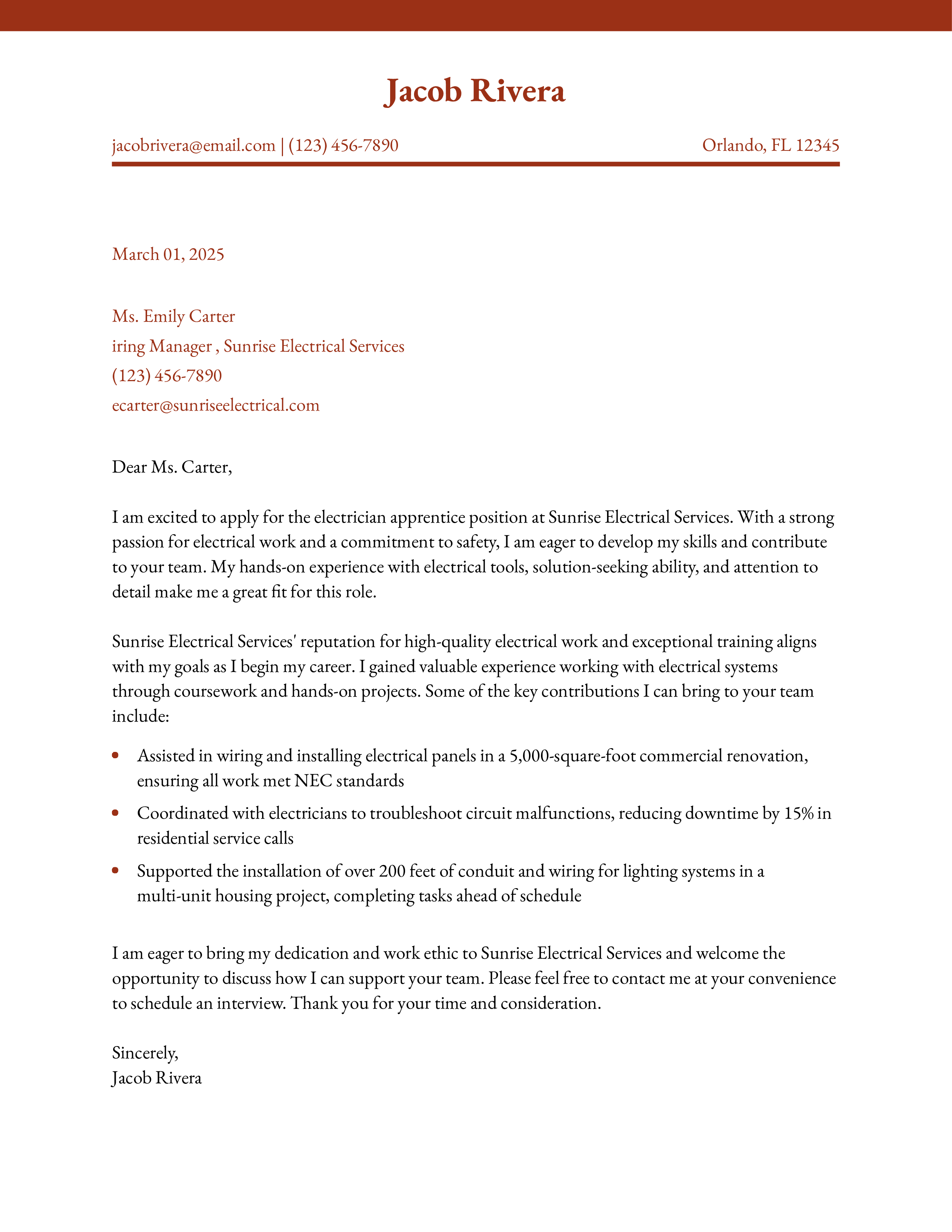Electrician Apprentice Cover Letter