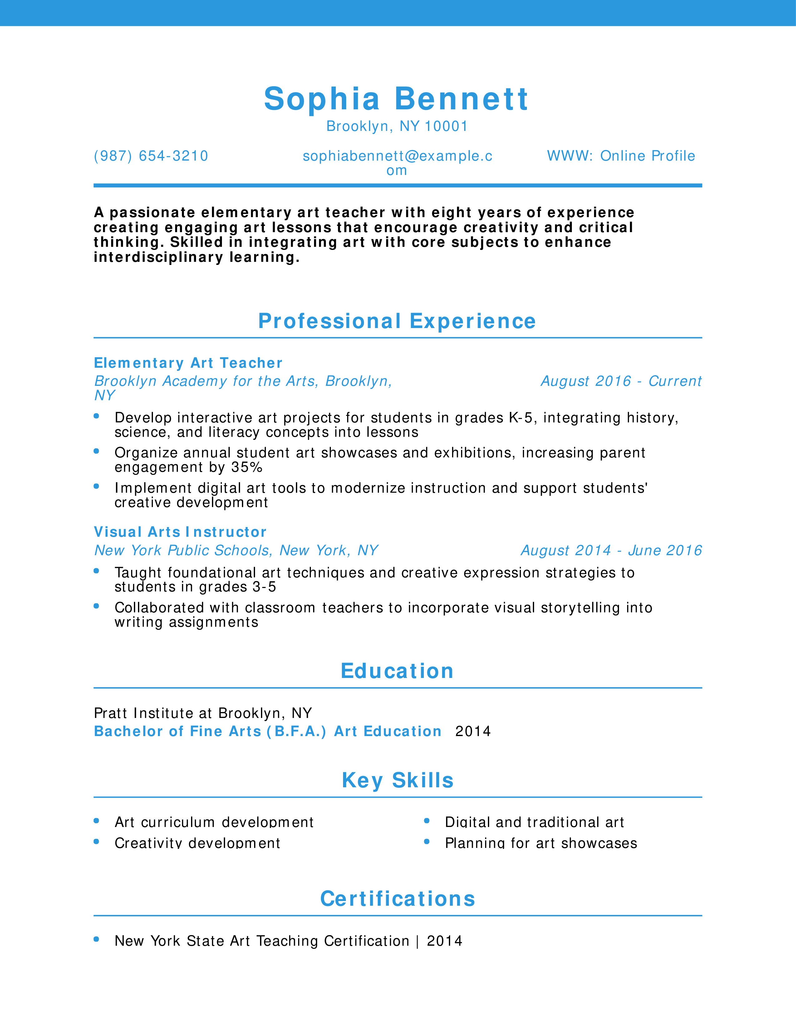 Elementary Art Teacher Resume