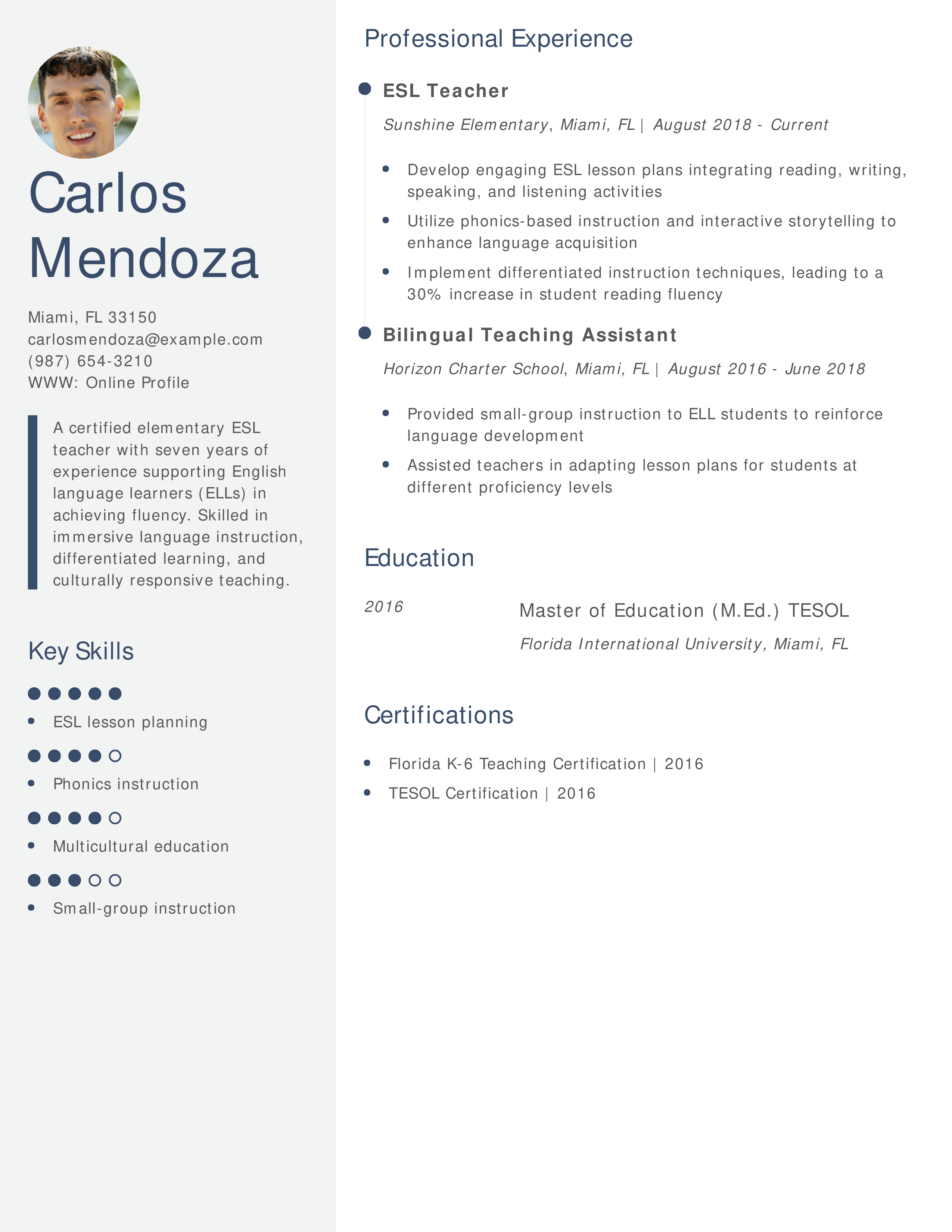 Elementary ESL Teacher Resume