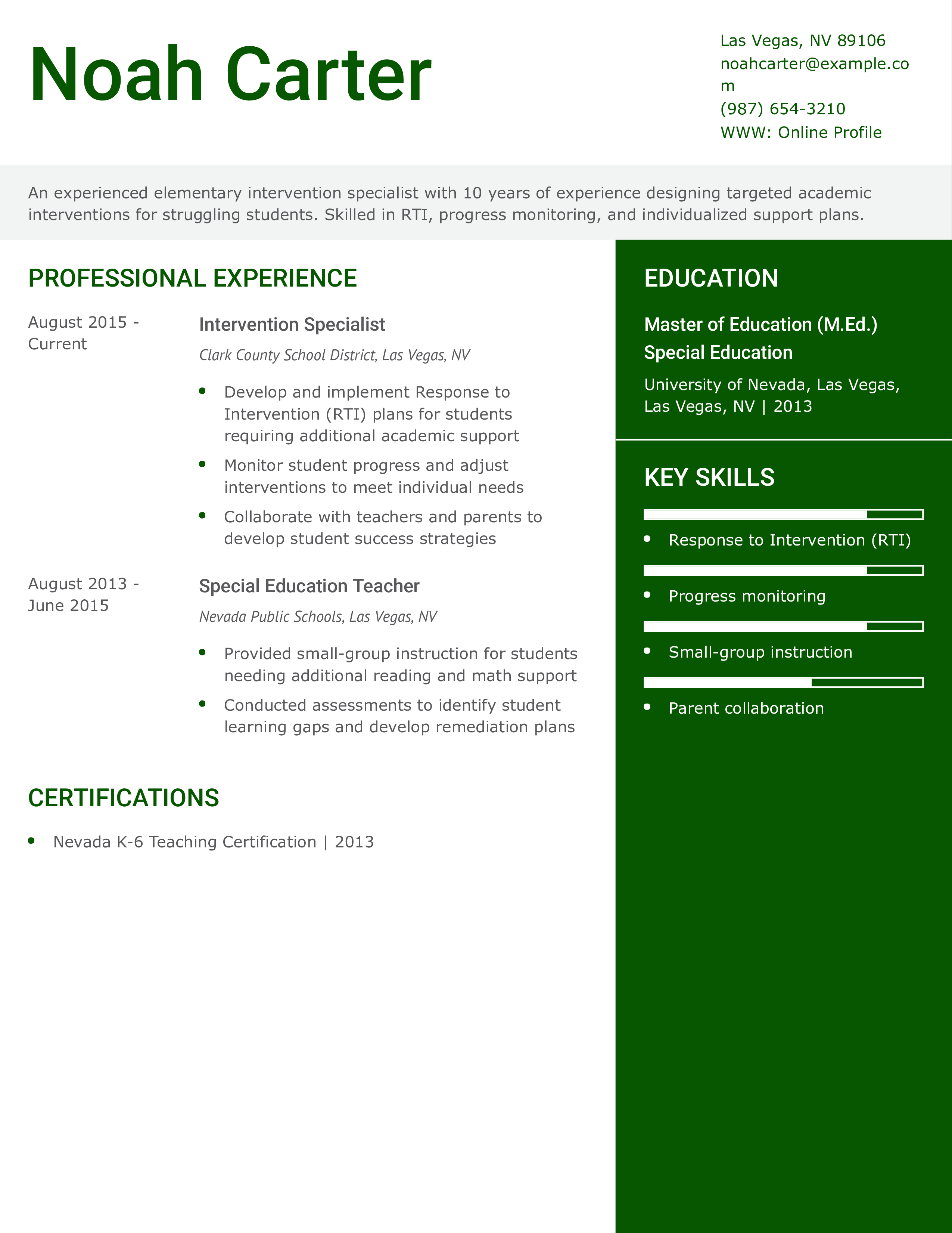 Elementary Intervention Specialist Resume