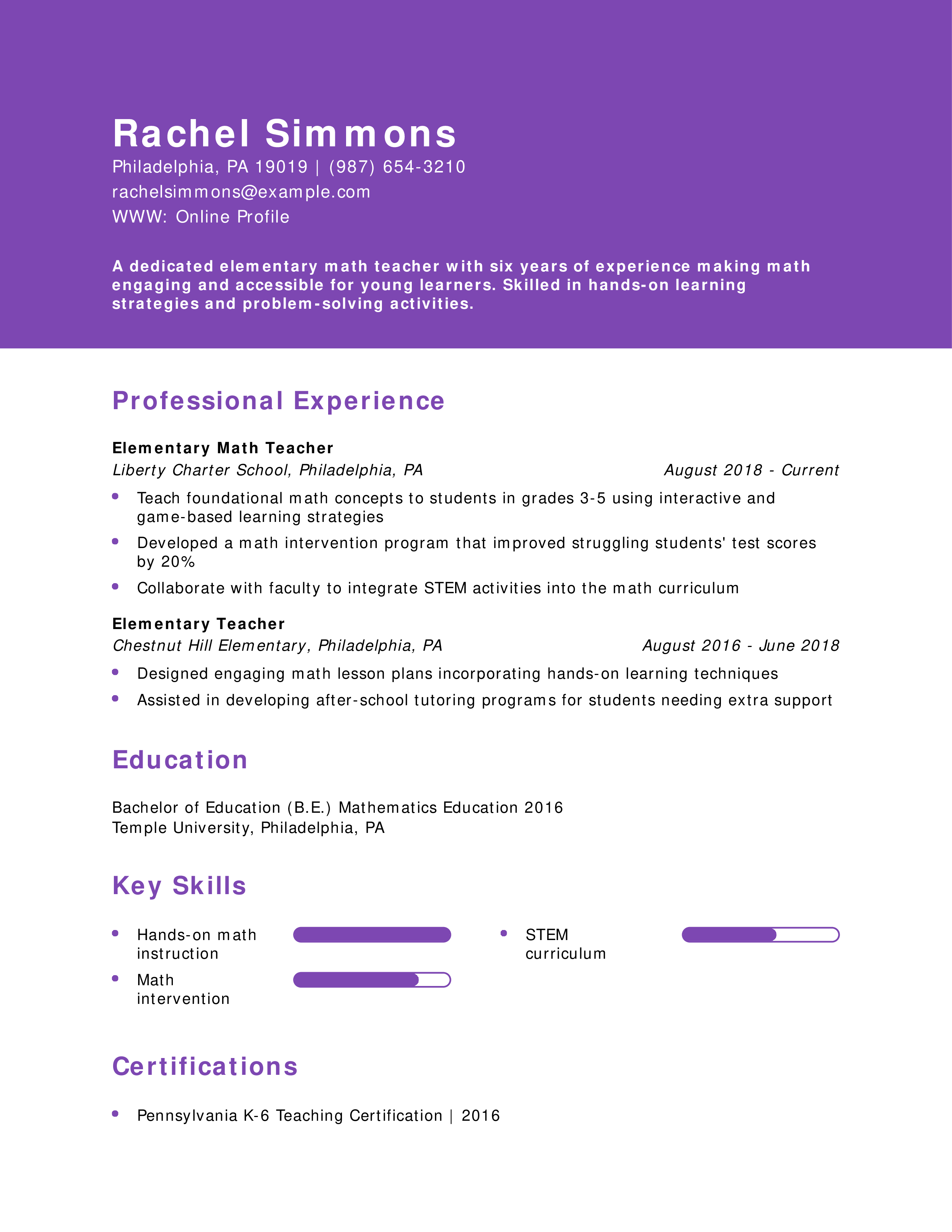 Elementary Math Teacher Resume