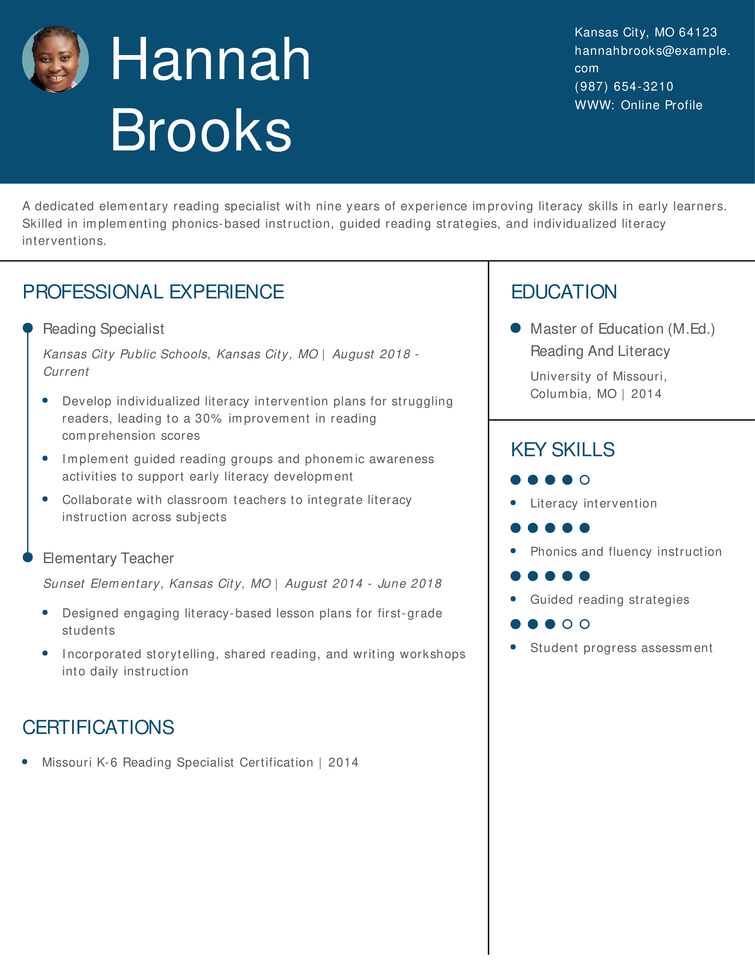 Elementary Reading Specialist Resume