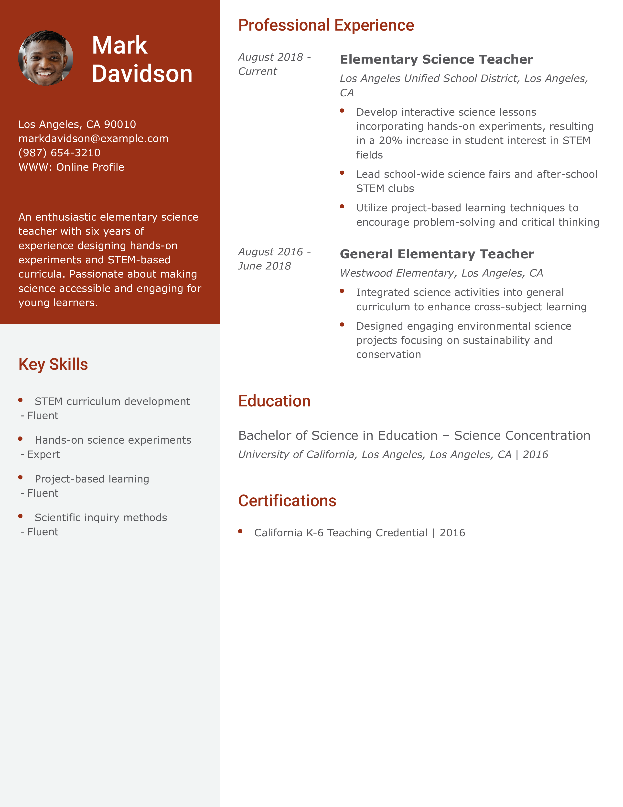 Elementary Science Teacher Resume