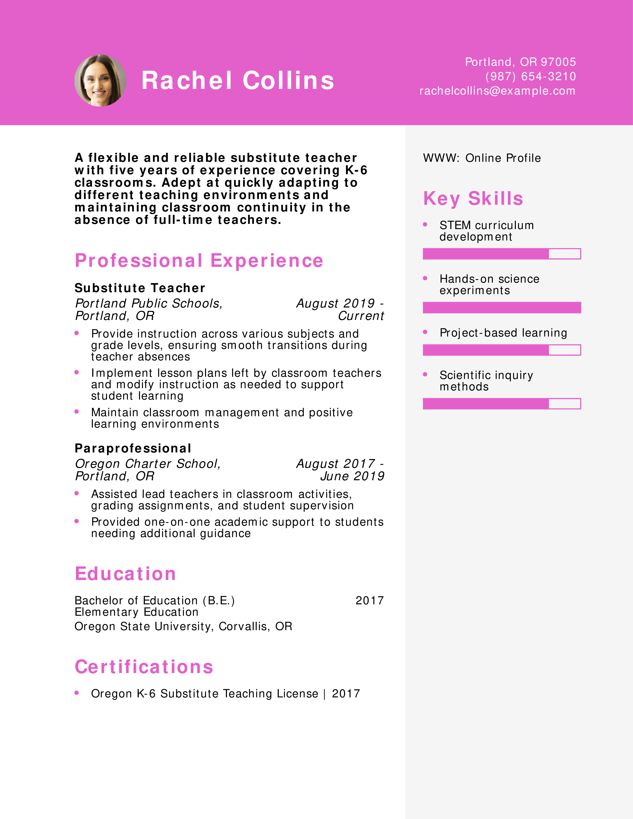 Elementary Substitute Teacher Resume