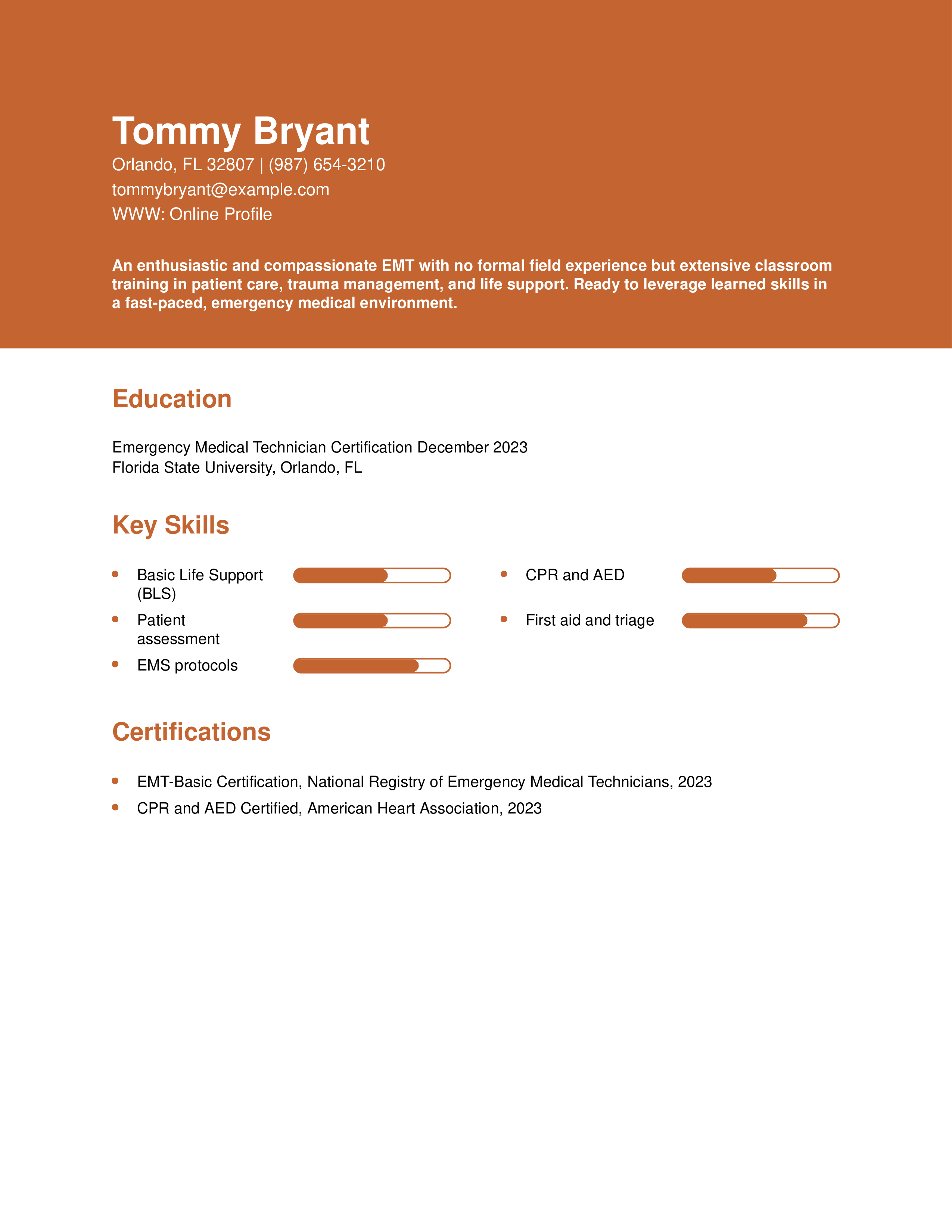 Emergency Medical Technician Student Experience Resume