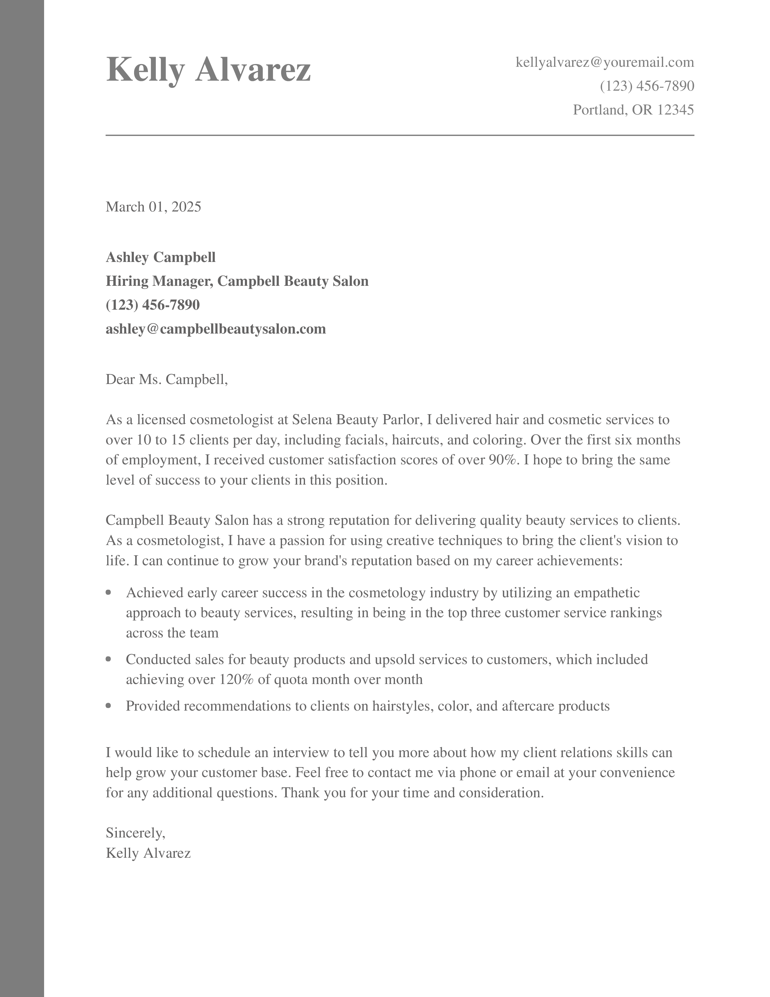 Entry-Level Cosmetology Cover Letter