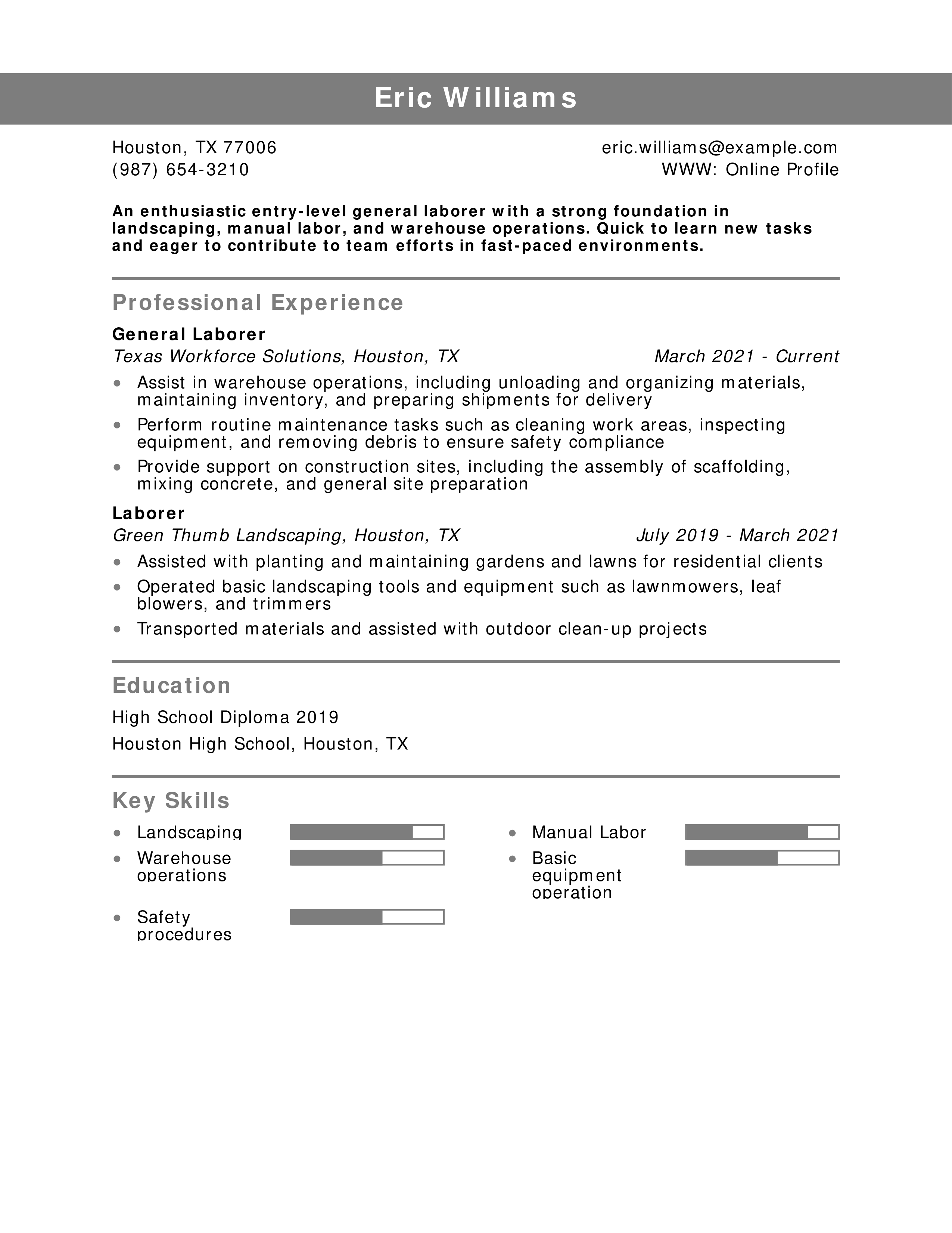 Entry-Level General Laborer Resume