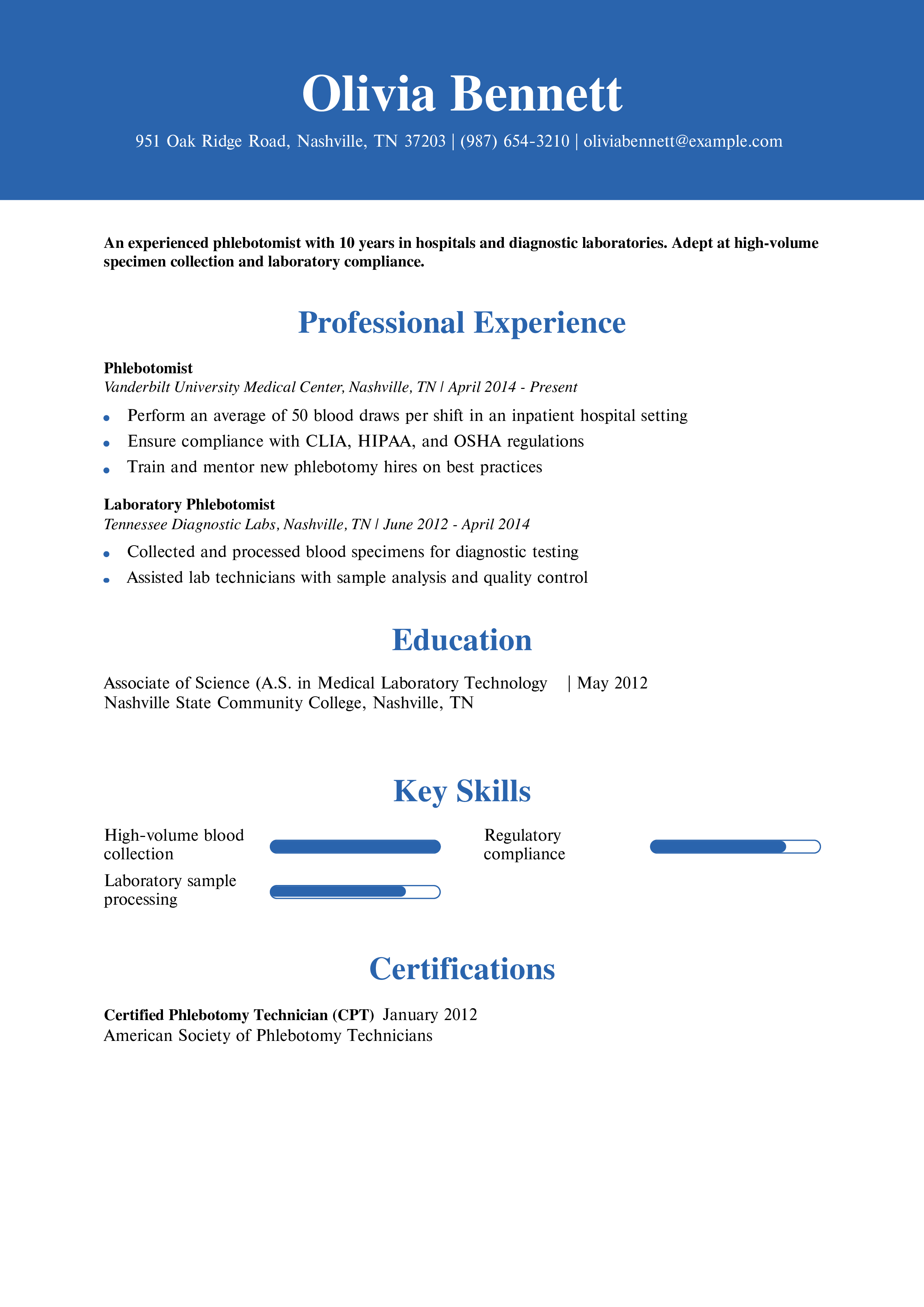Experienced Phlebotomist Resume