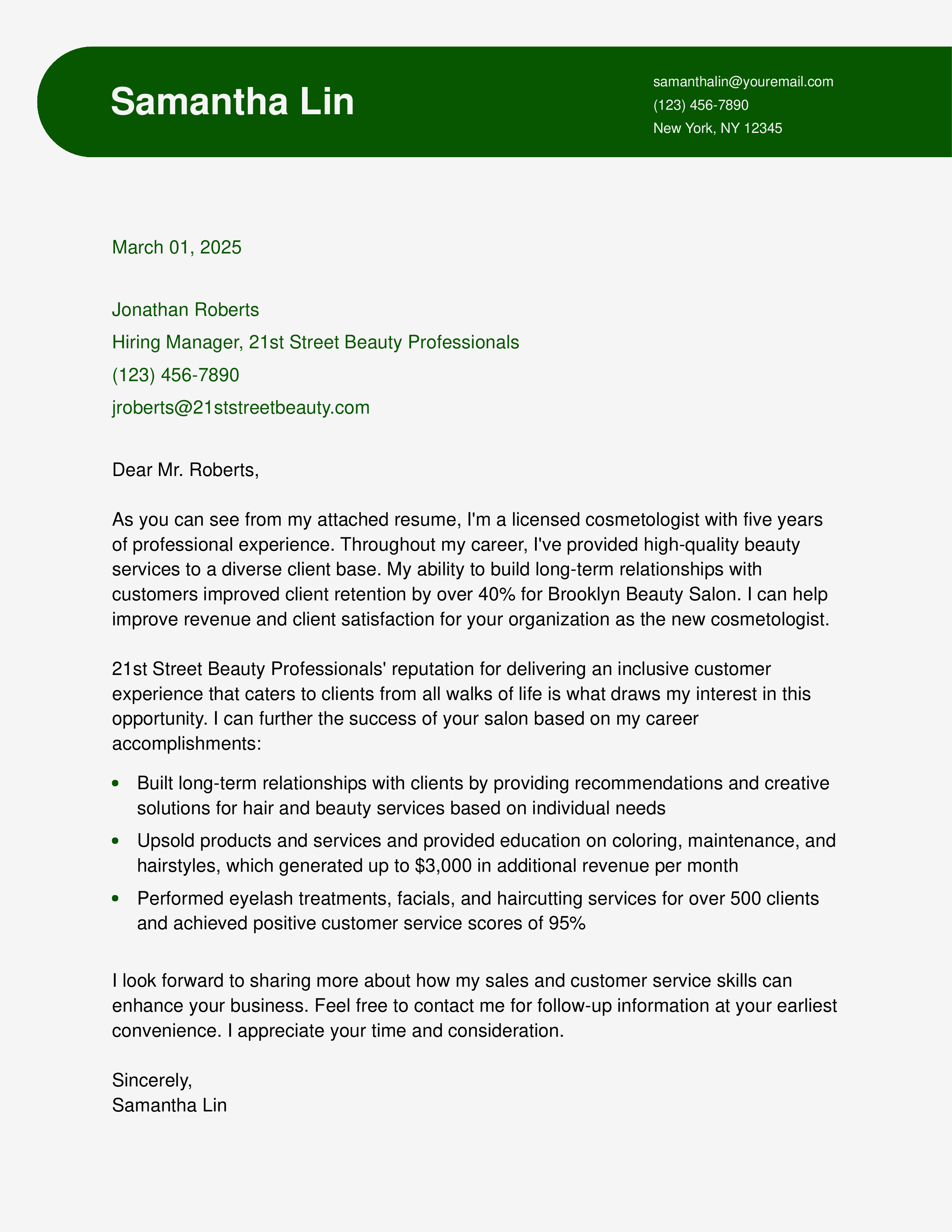 Experienced Cosmetology Cover Letter