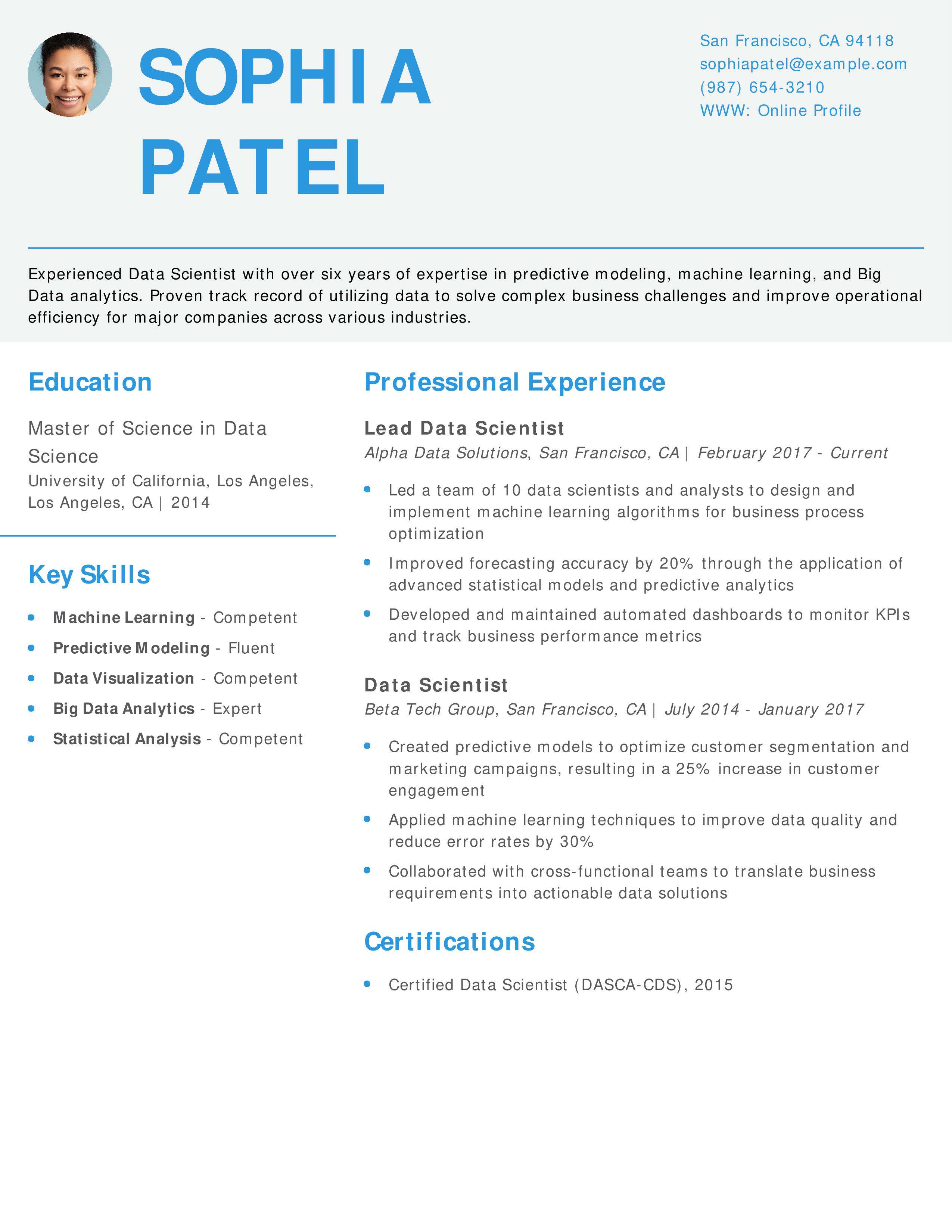 Experienced Data Scientist Resume