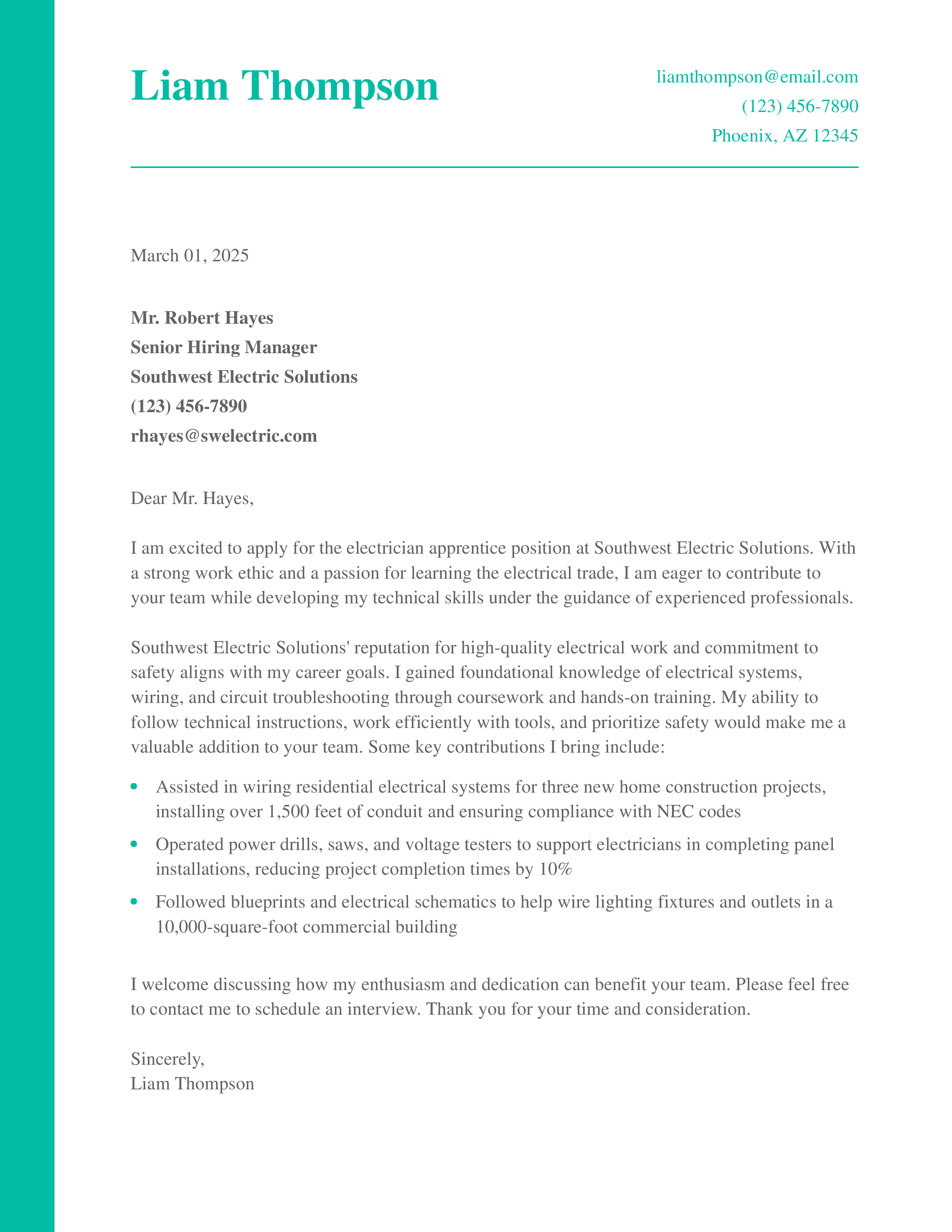 Experienced Electrician Apprentice Cover Letter