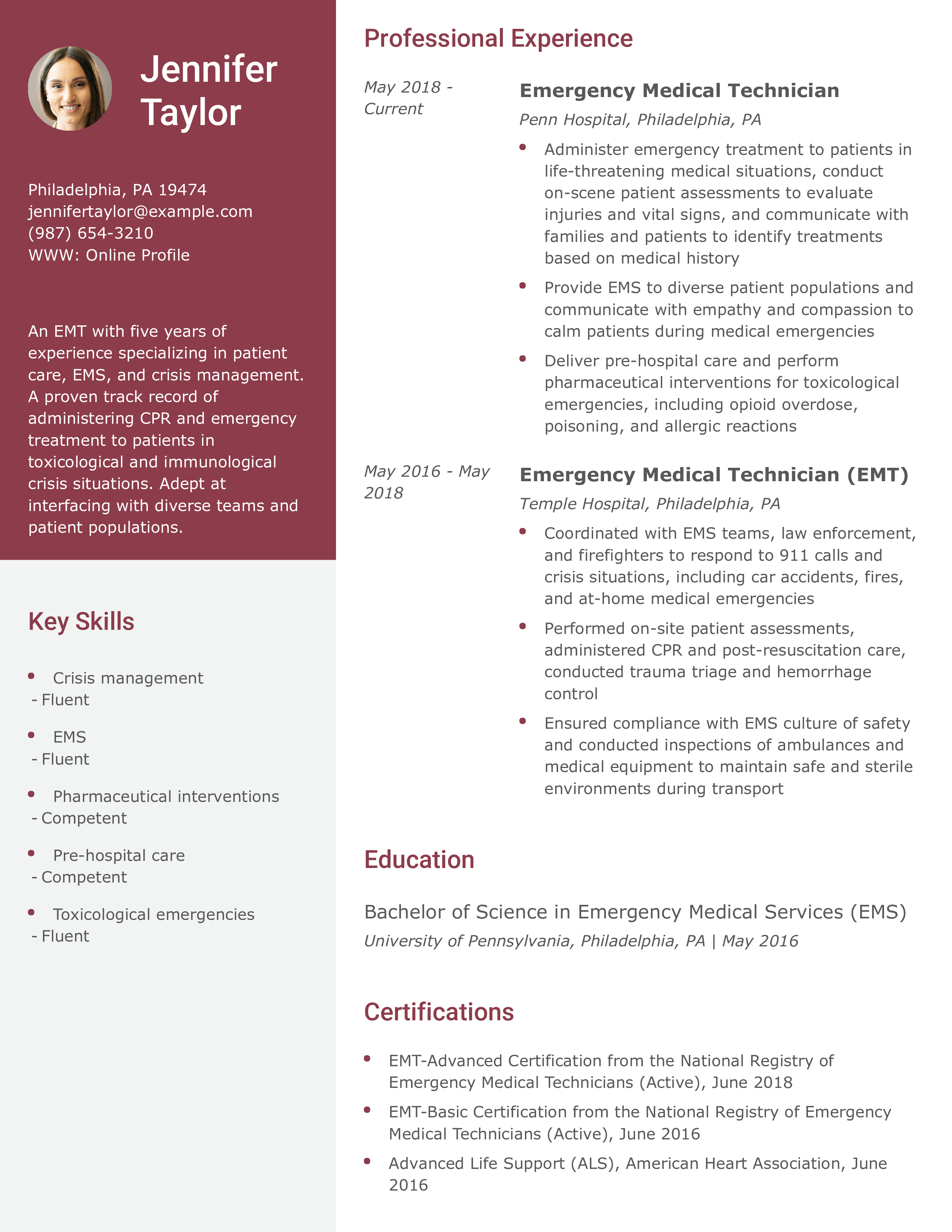 Mid-Career Emergency Medical Technician Resume