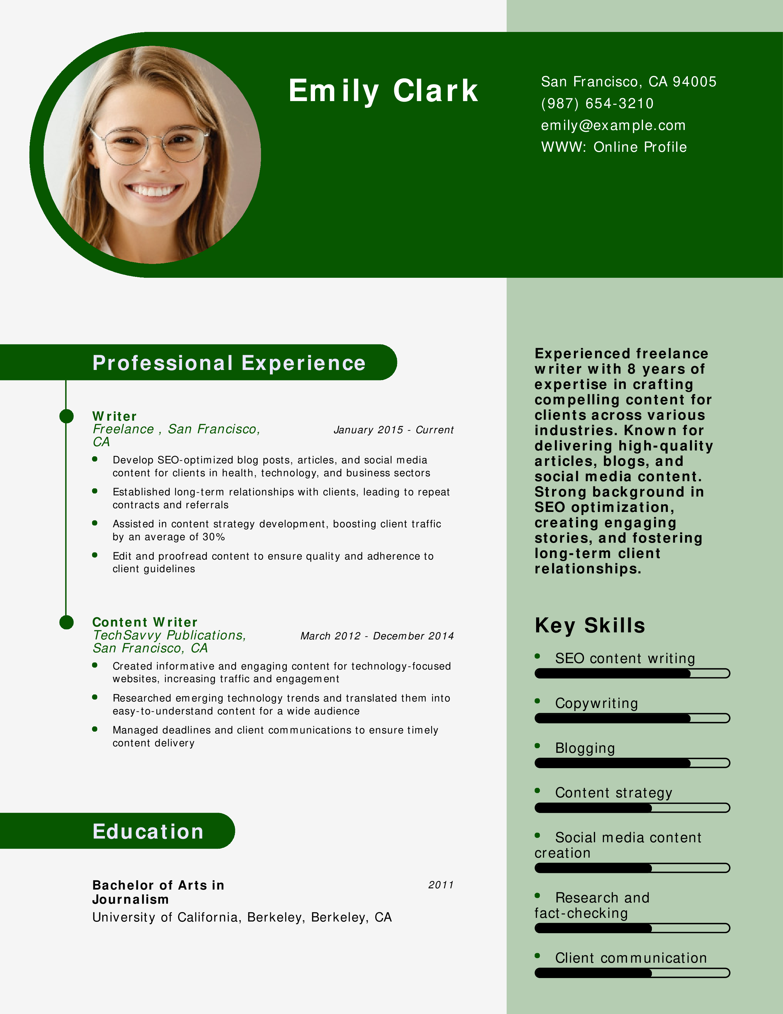 Experienced Freelance Writer Resume