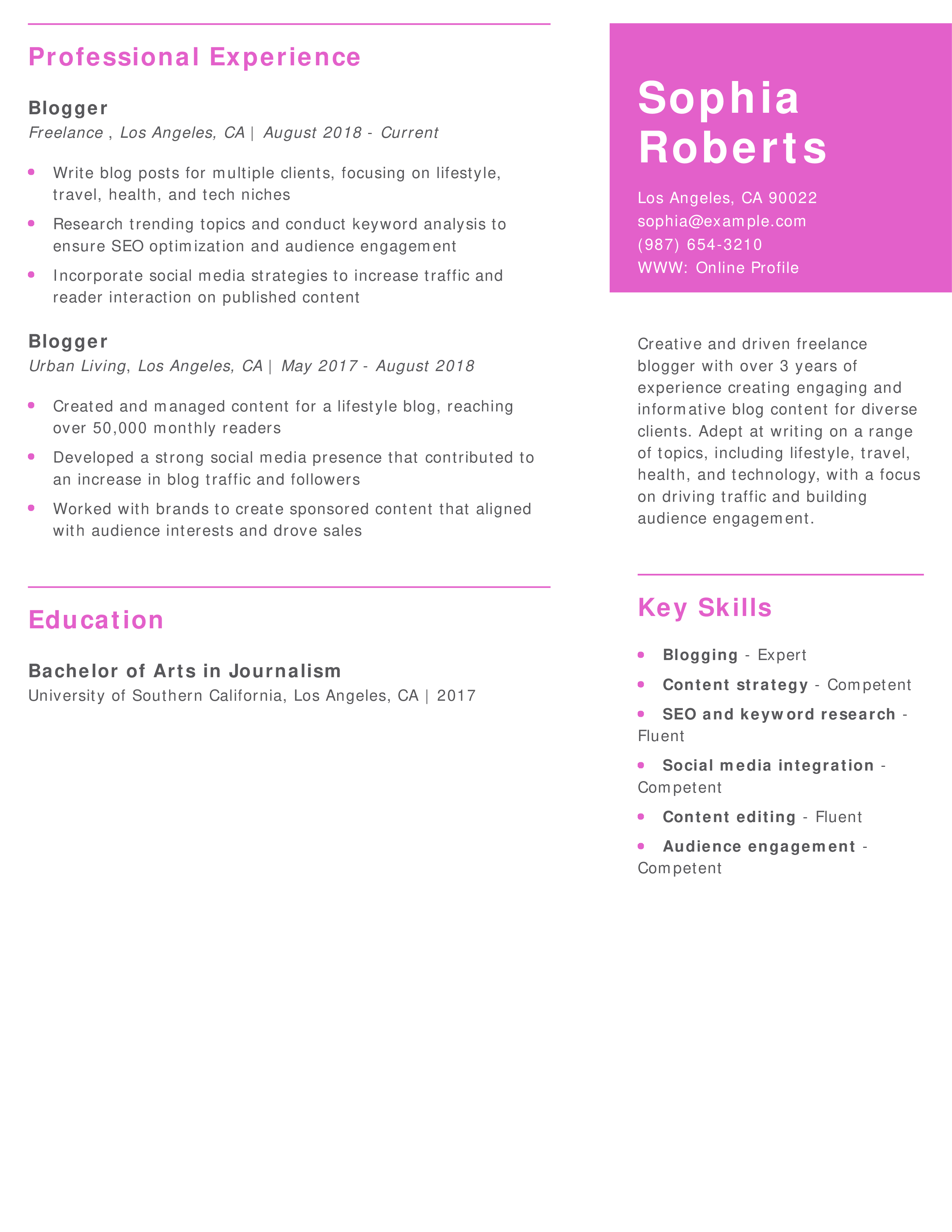Freelance Blogging Writer Resume
