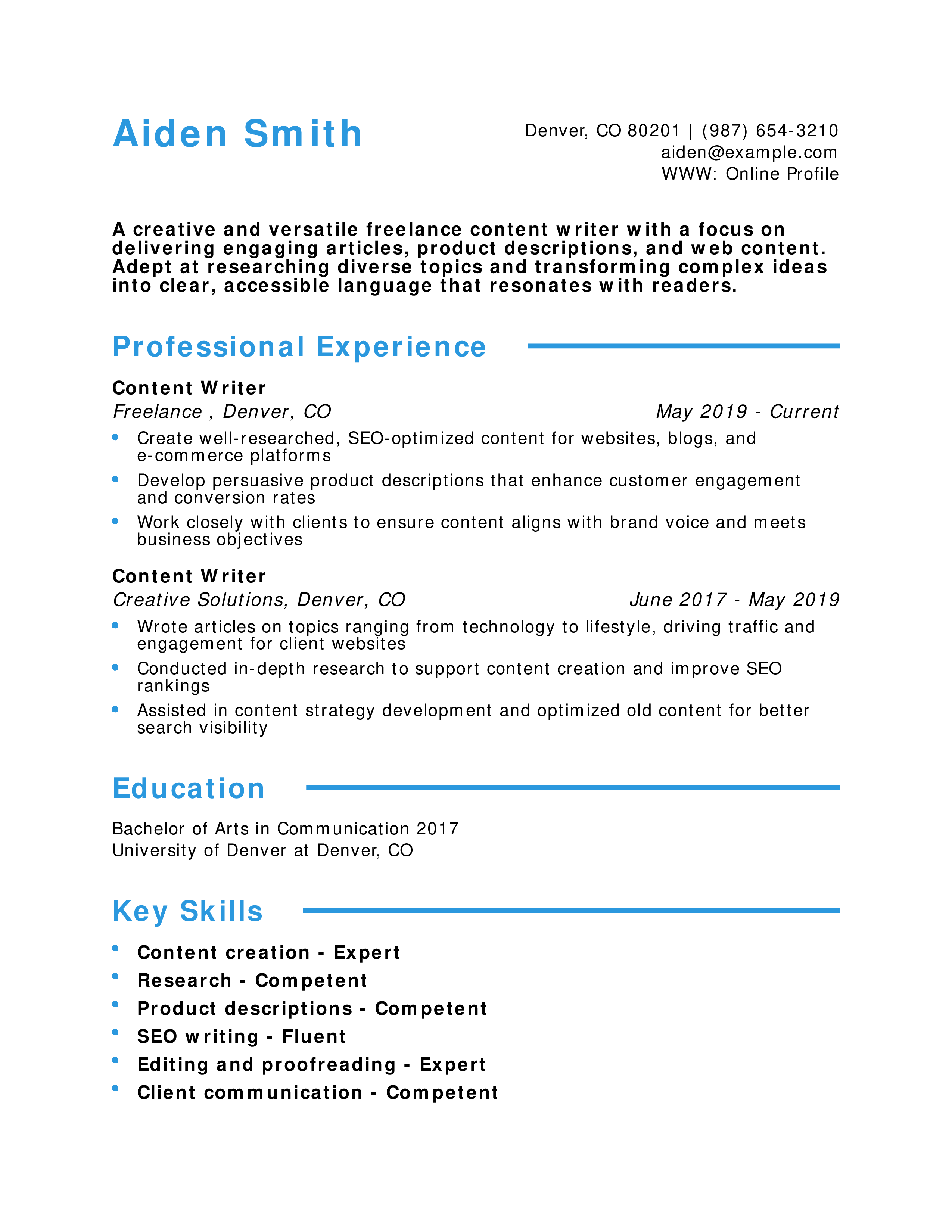 Freelance Content Writer Resume