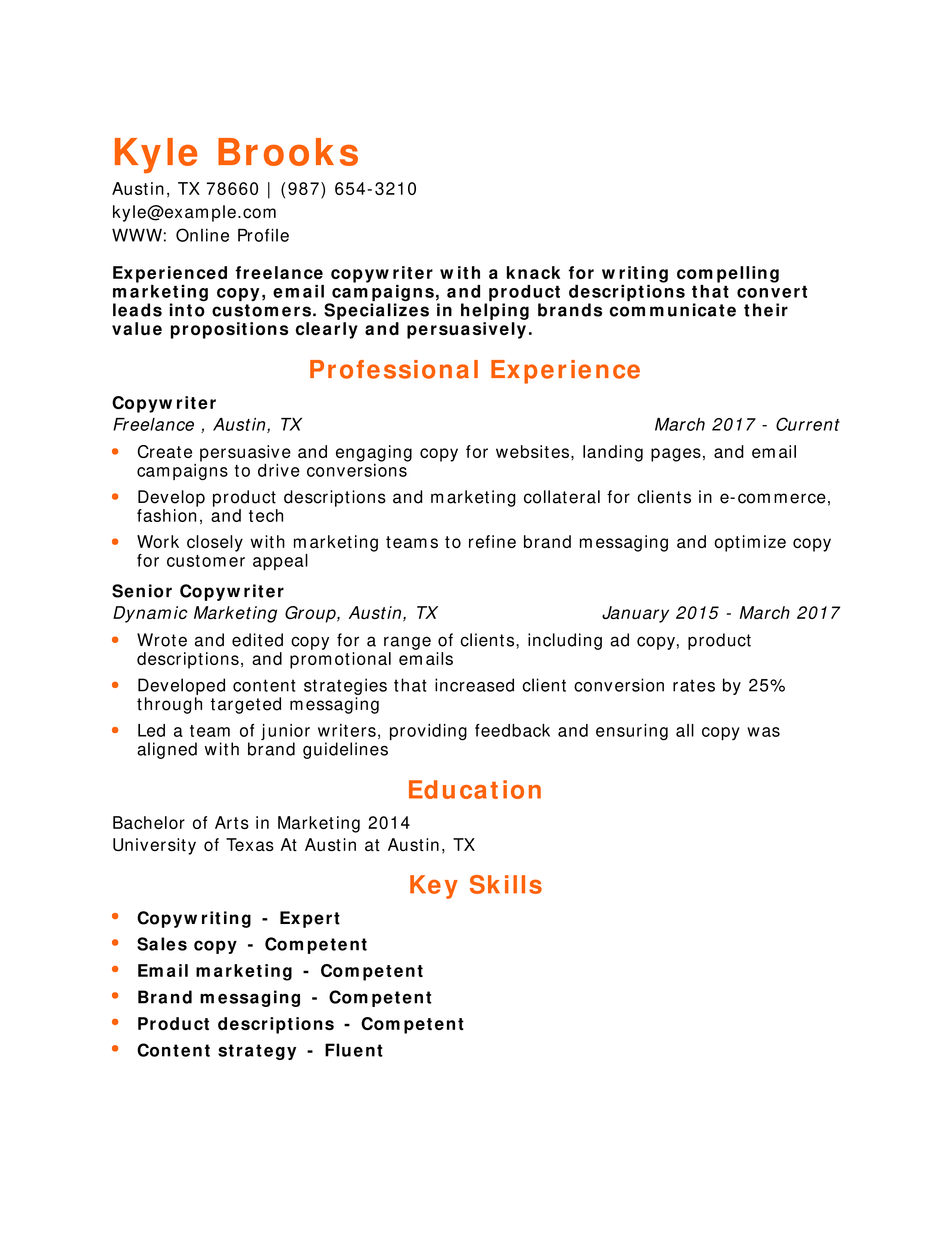 Freelance Copywriting Resume