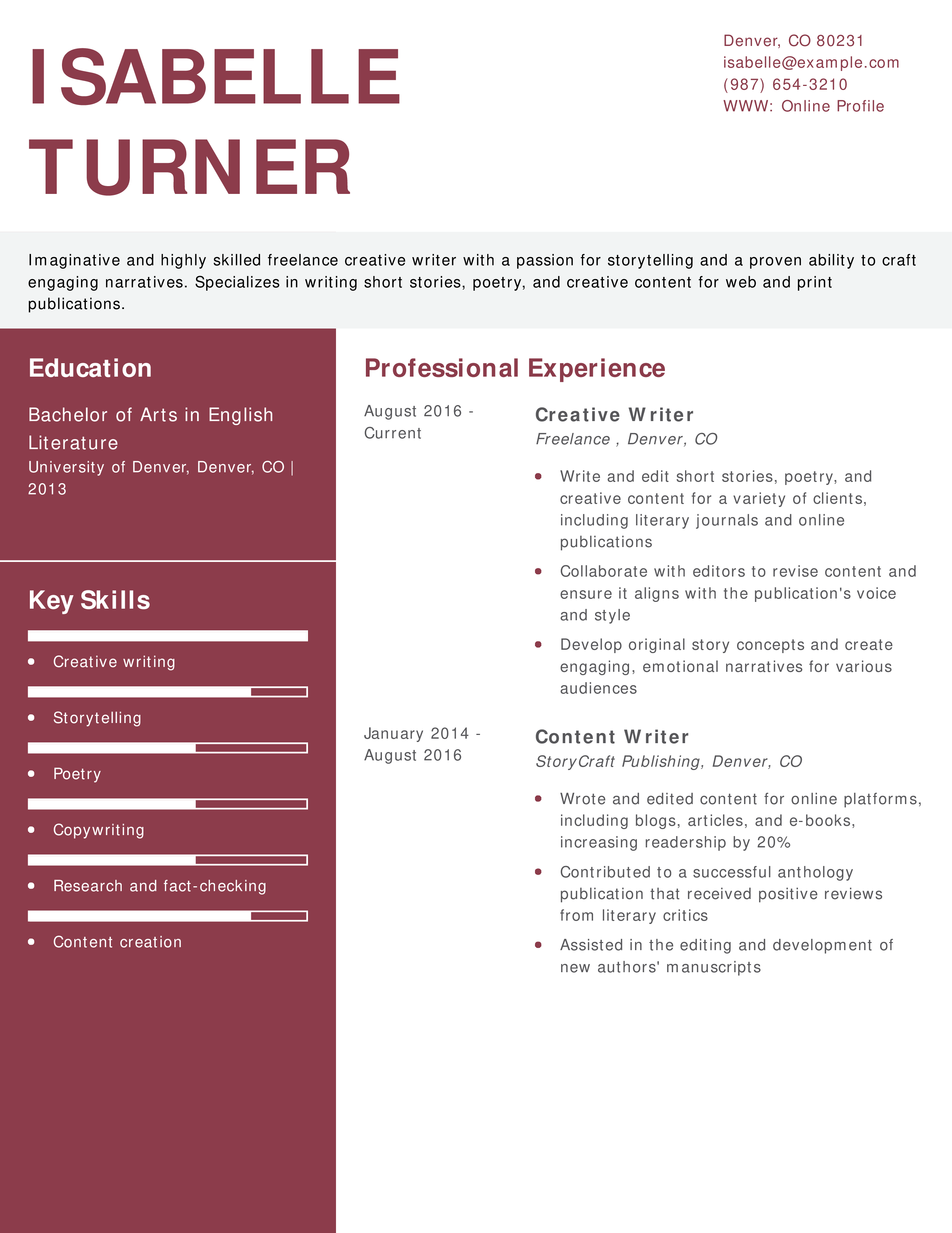 Freelance Creative Writer Resume
