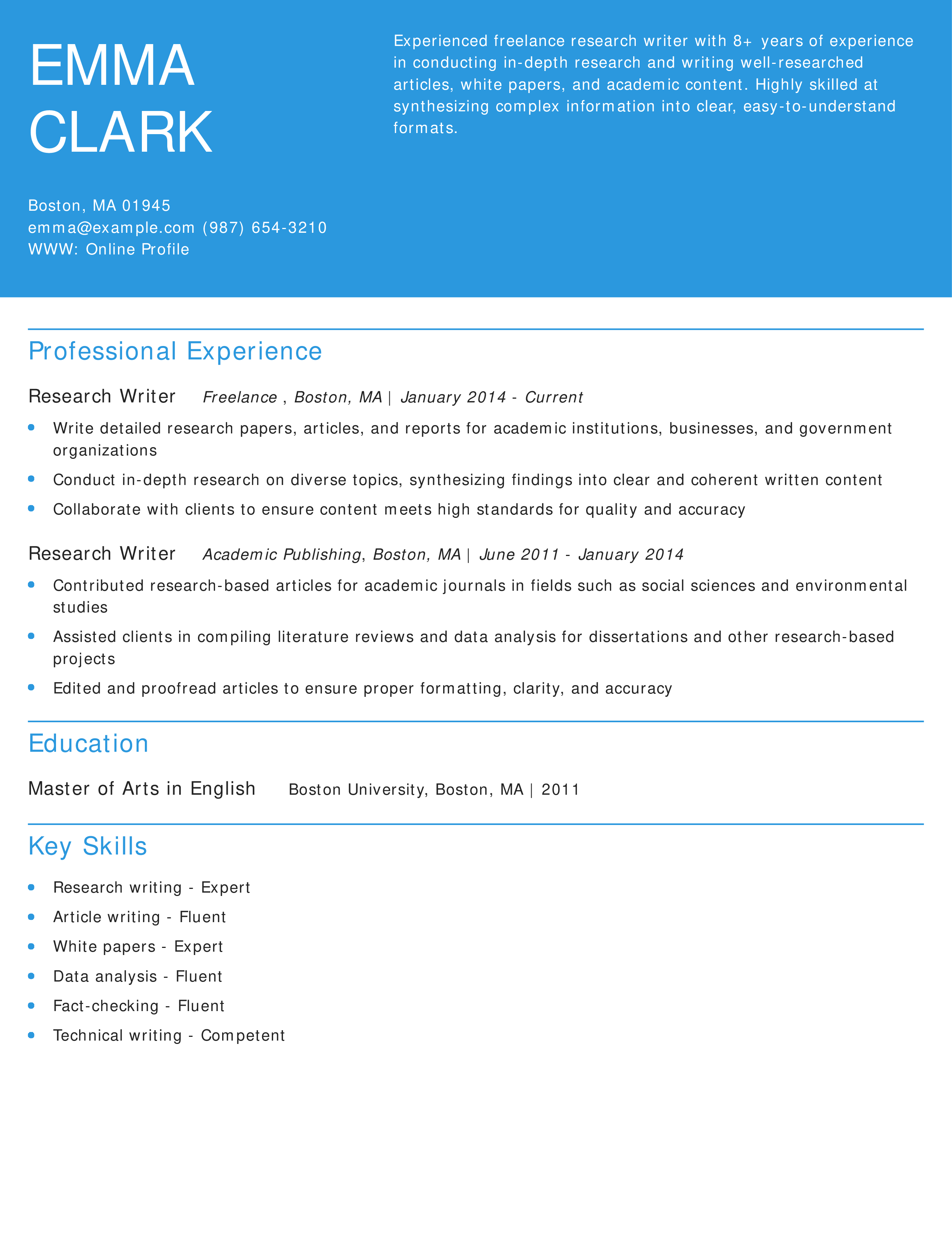 Freelance Research Writer Resume