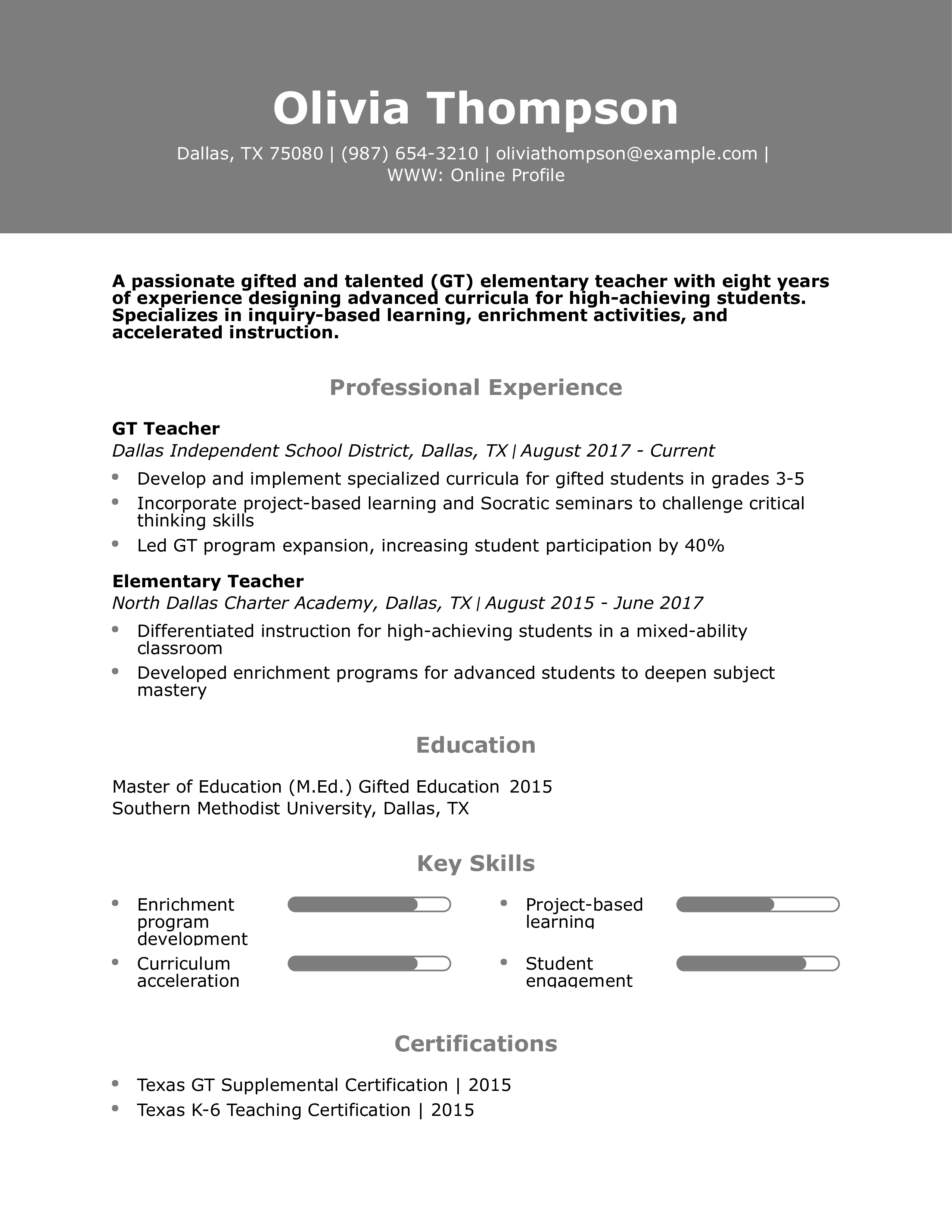 Gifted and Talented Elementary Teacher Resume
