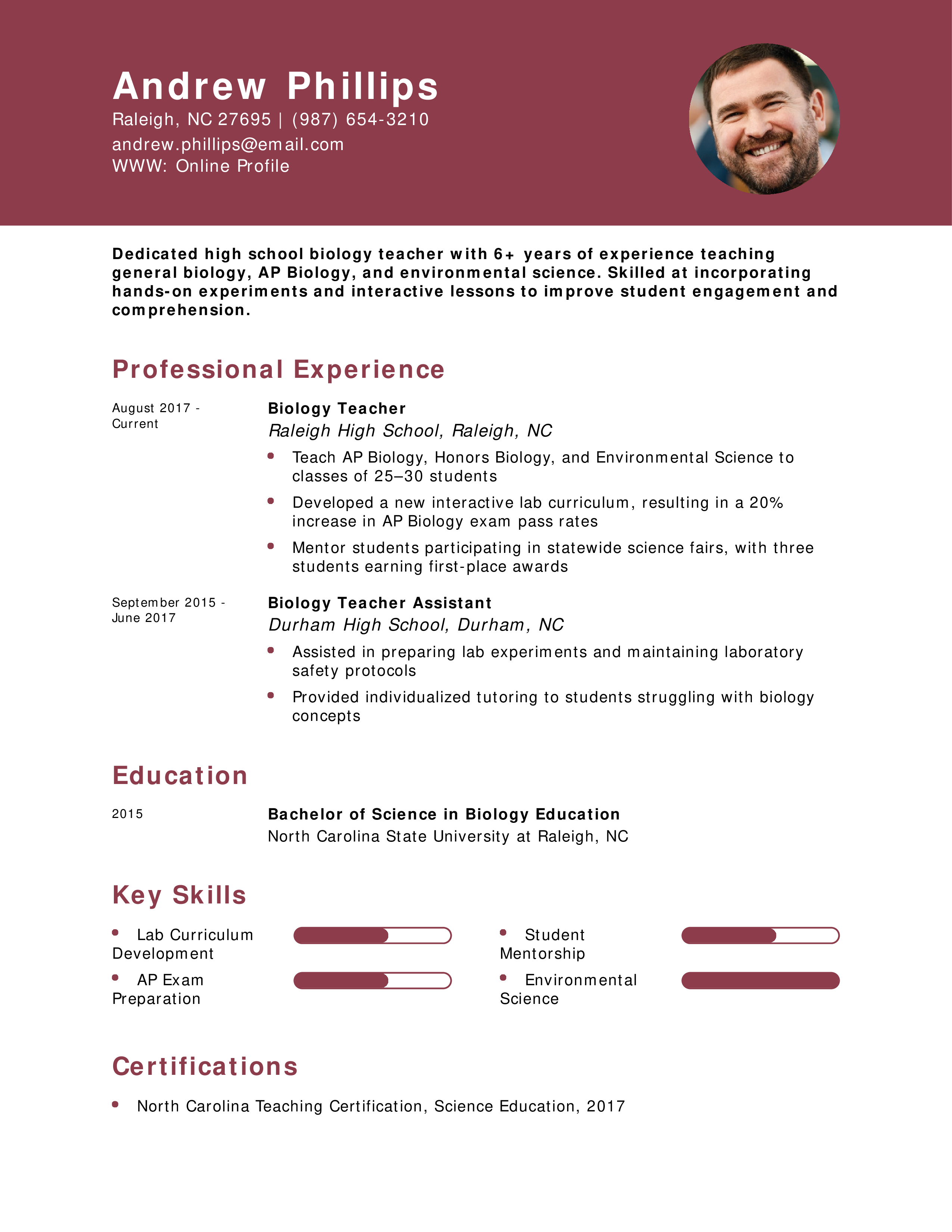 High School Biology Teacher Resume