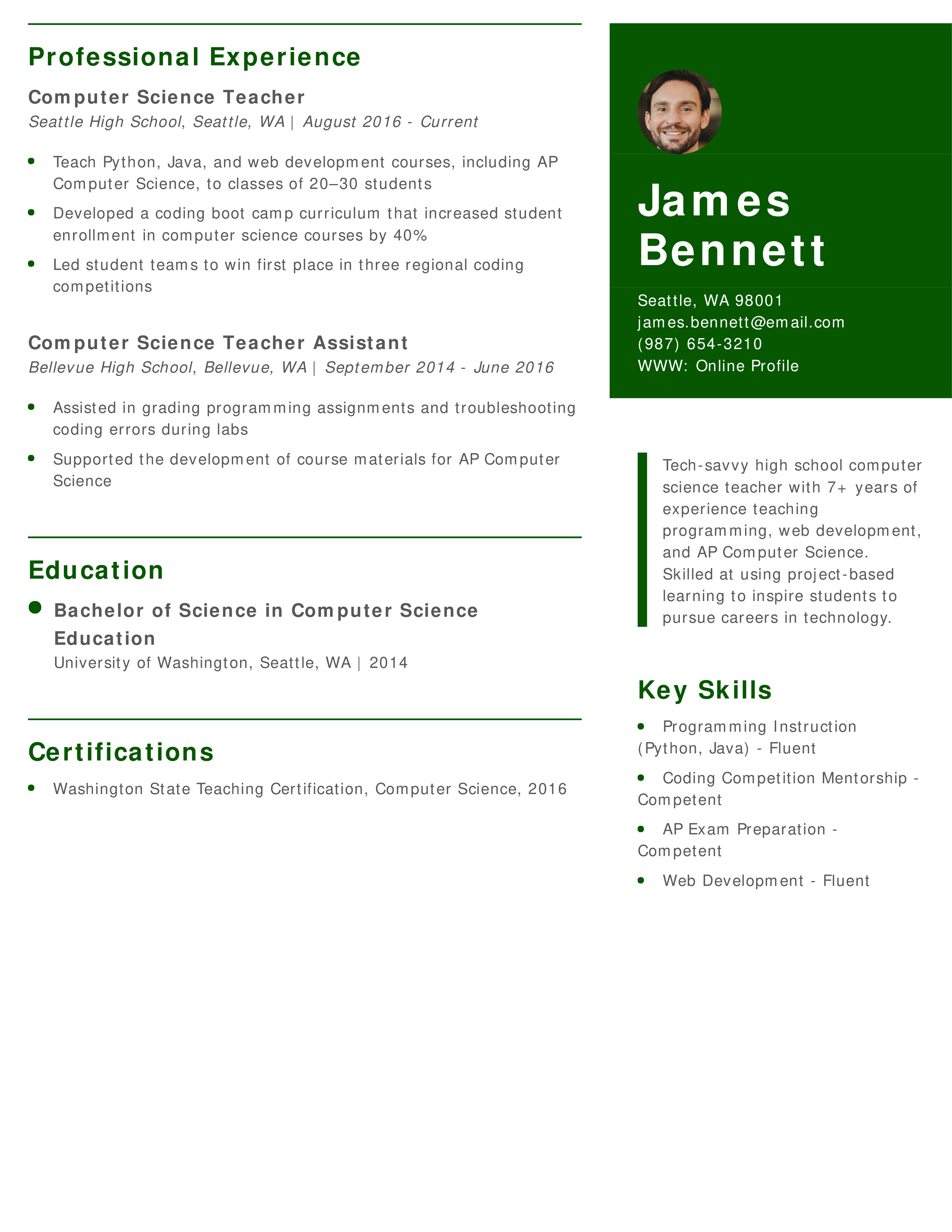 High School Computer Science Teacher Resume