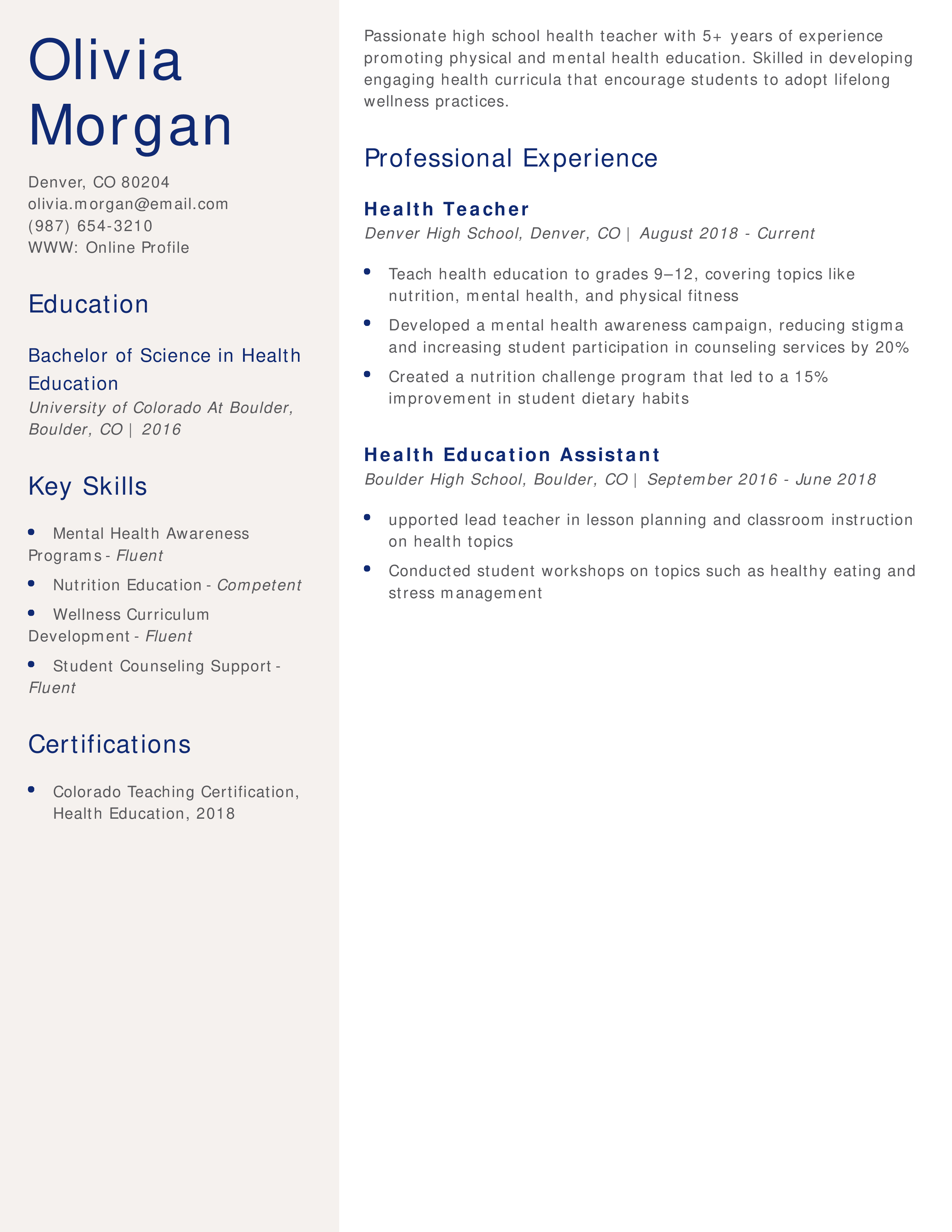 High School Health Teacher Resume