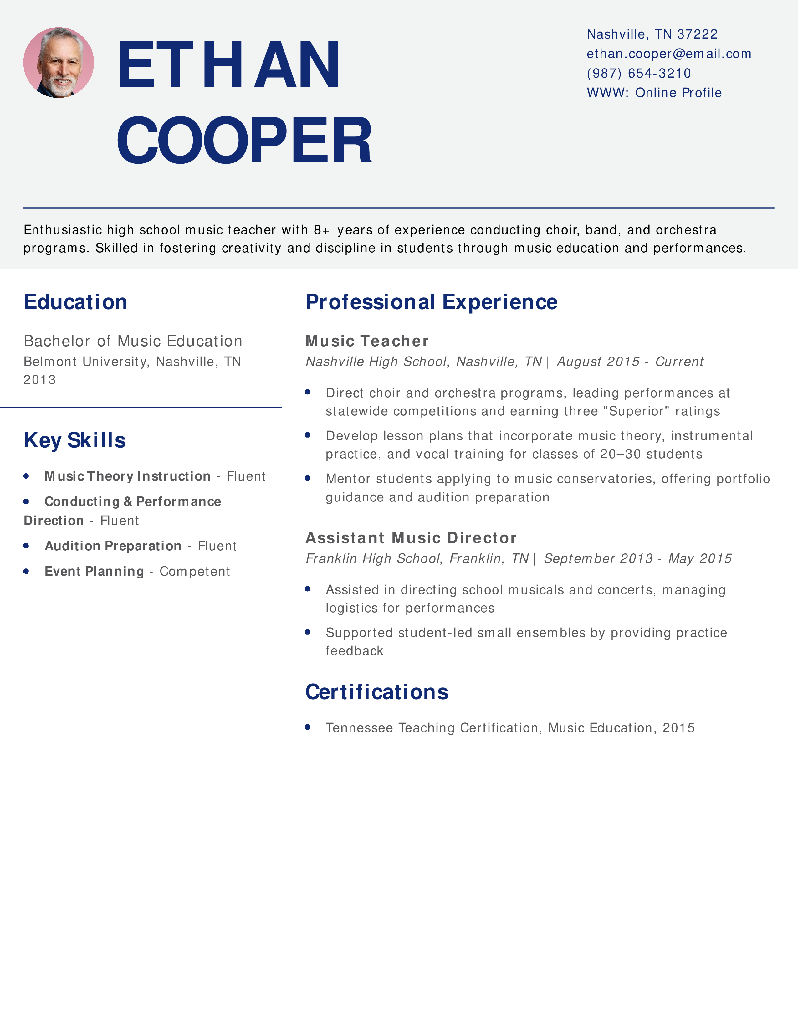 High School Music Teacher Resume