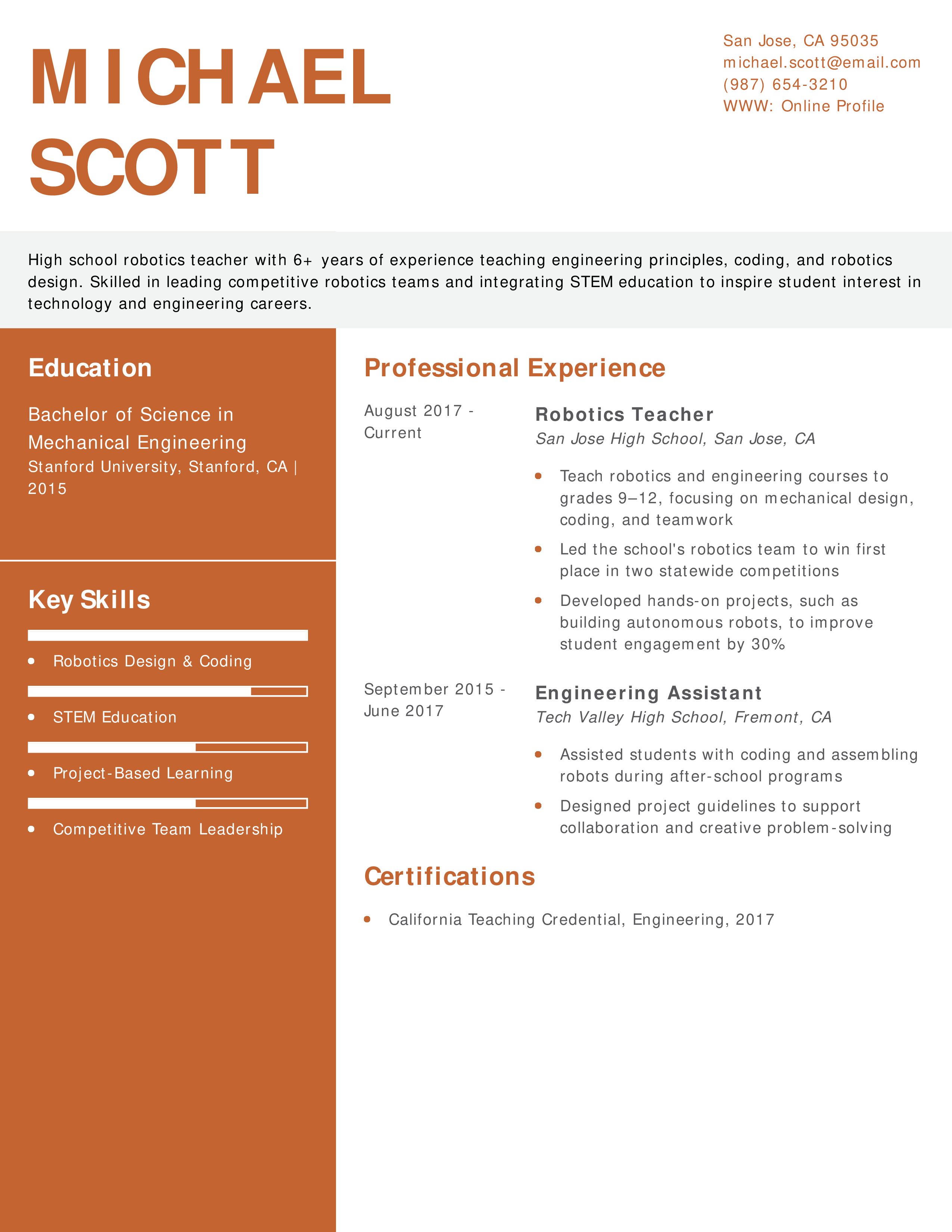 High School Robotics Teacher Resume