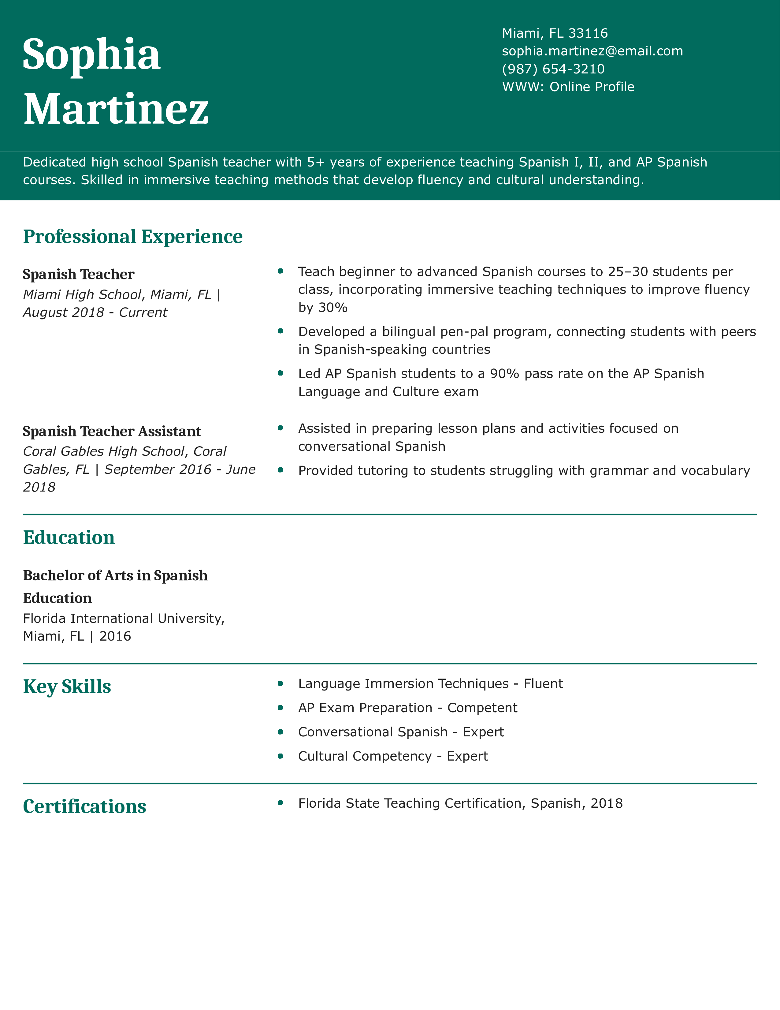 High School Spanish Teacher Resume