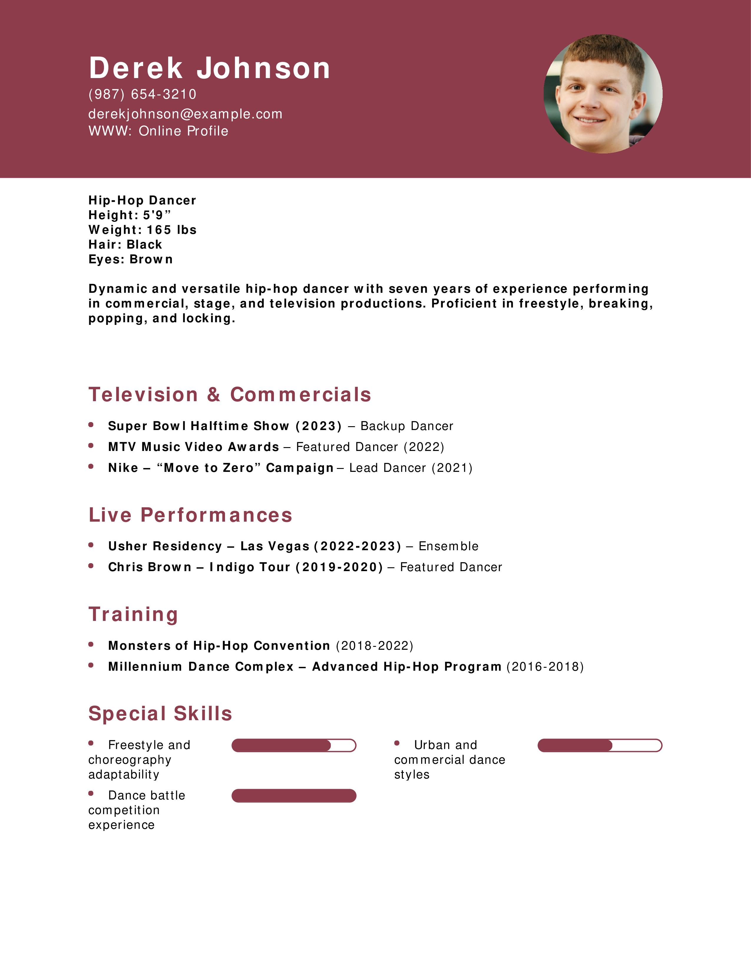 Hip-Hop Dancer Resume