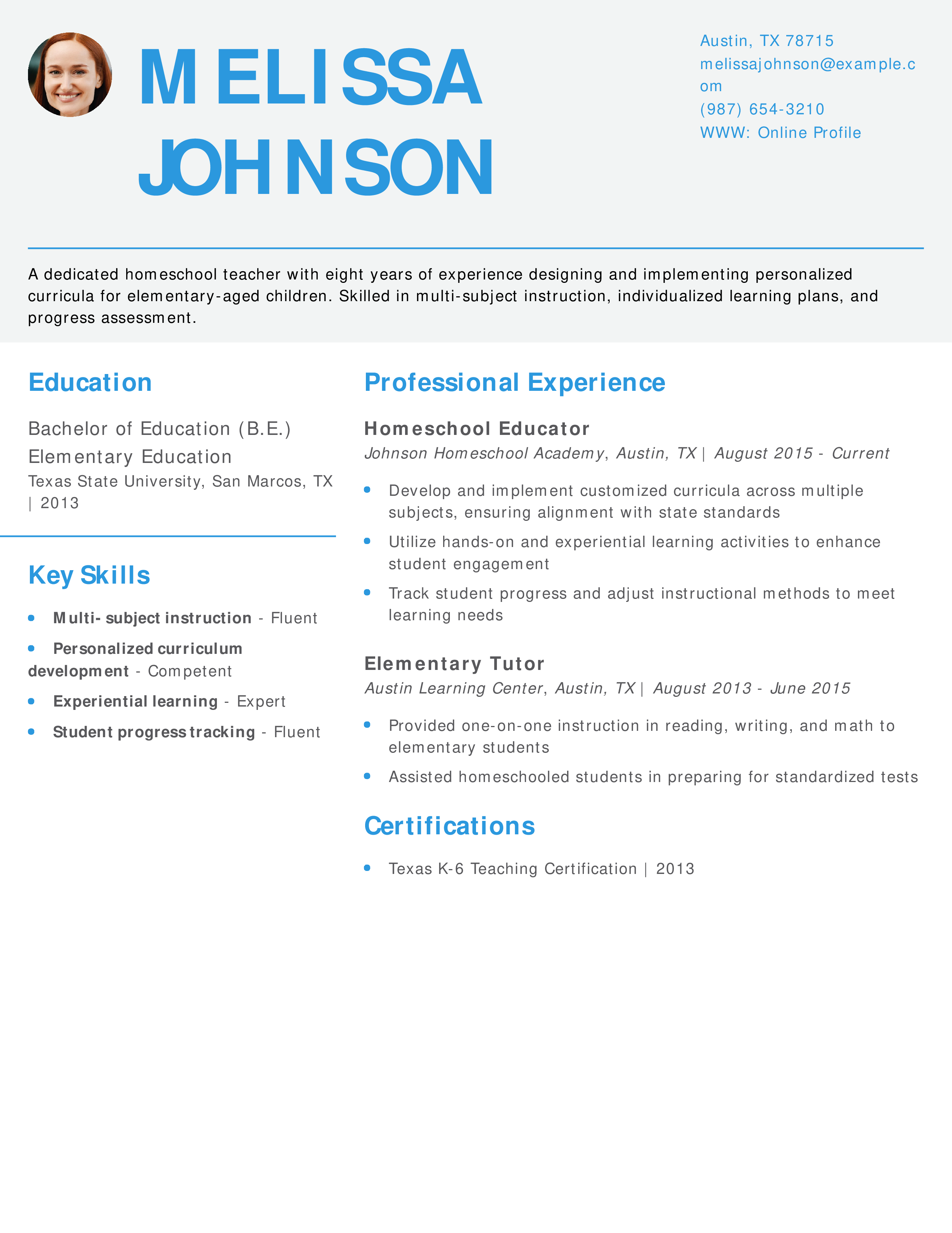 Homeschool Teacher Resume