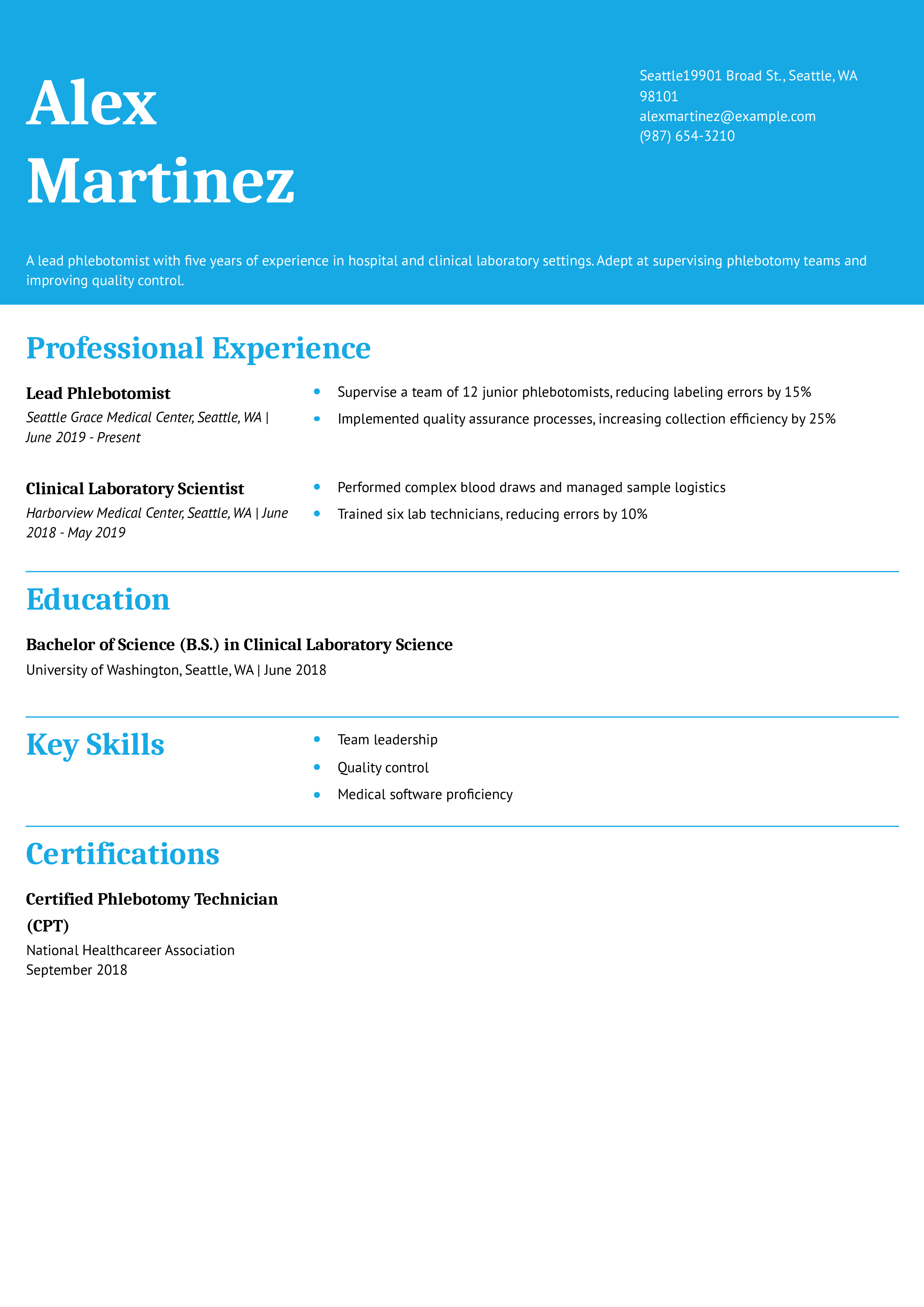 Lead Phlebotomist Resume