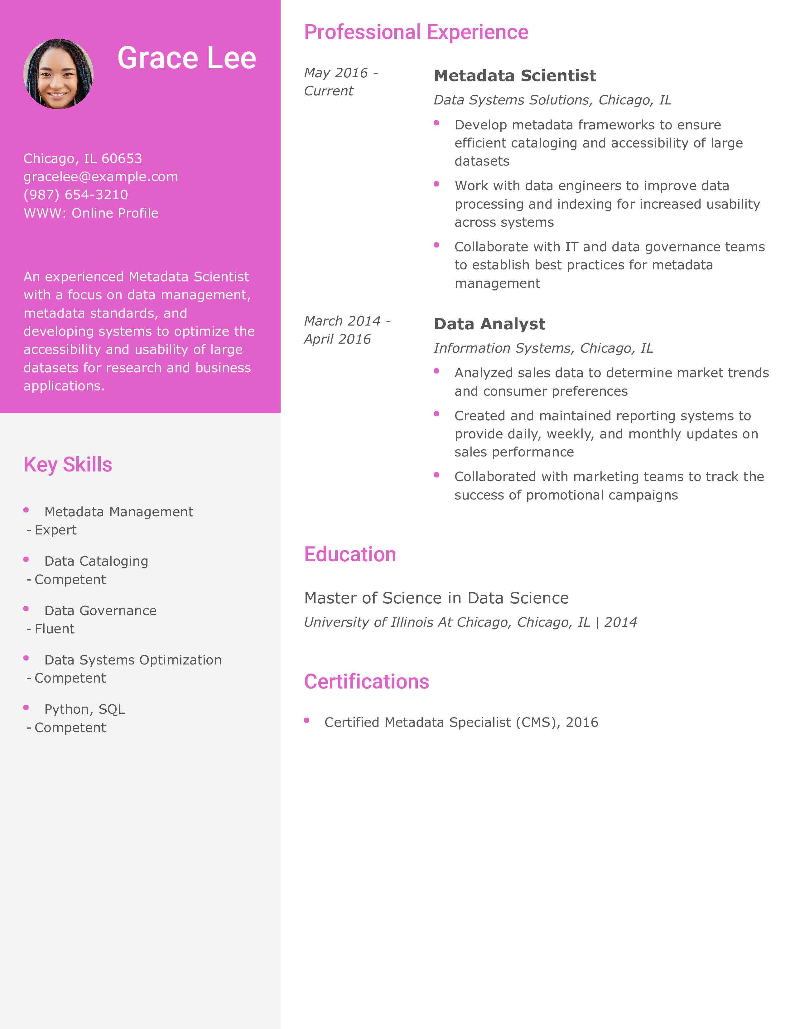 Metadata Scientist Resume