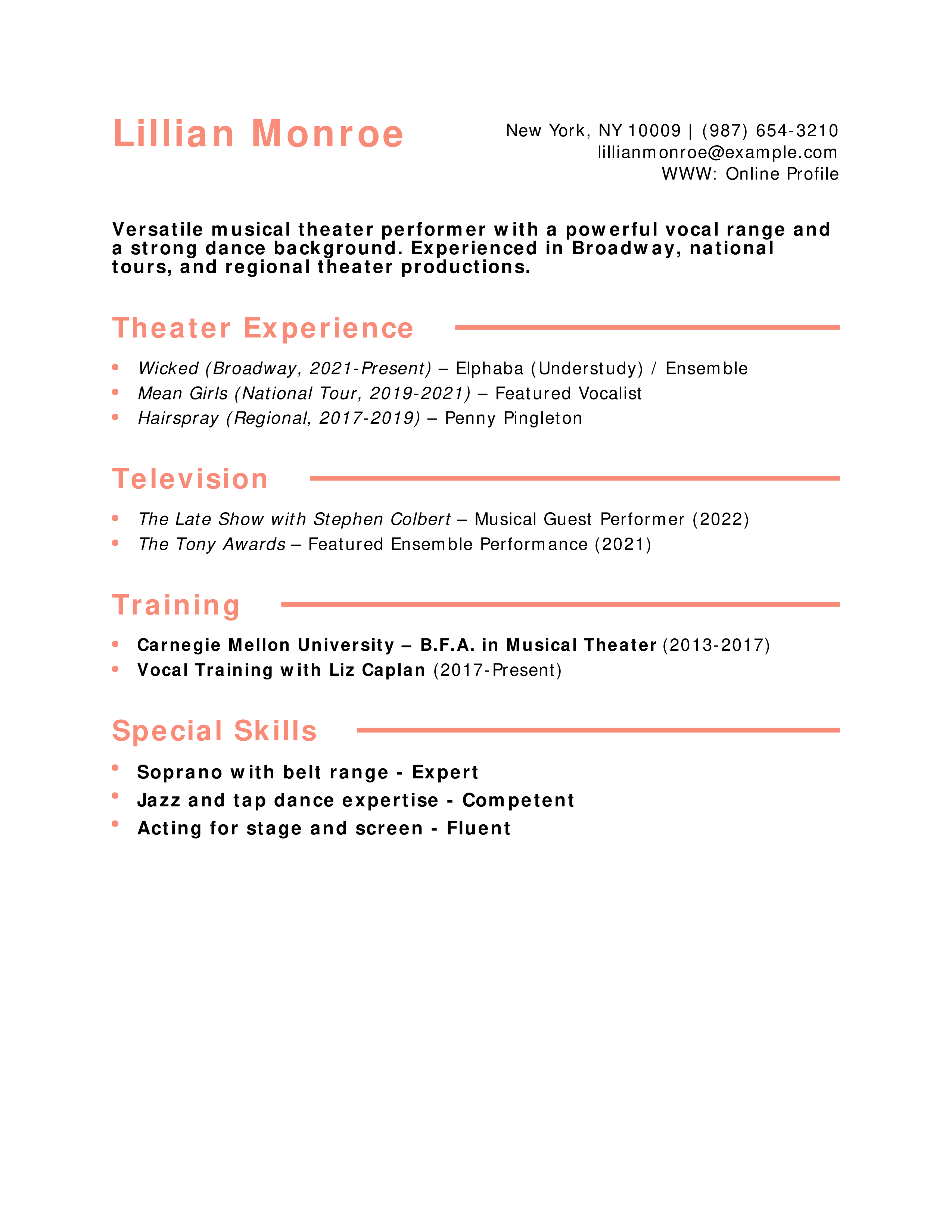 Musical Theater Performer Resume