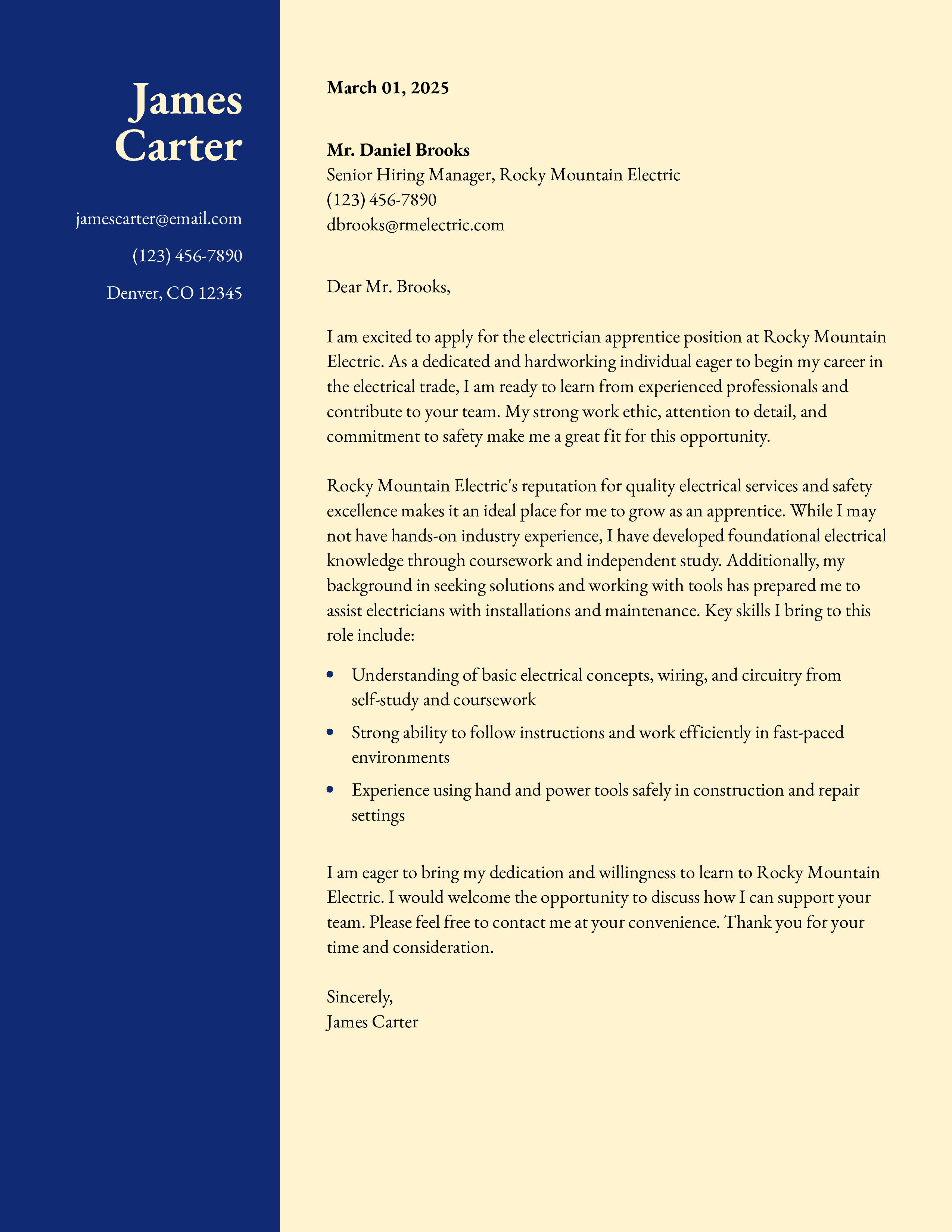 No Experience Electrician Apprentice Cover Letter