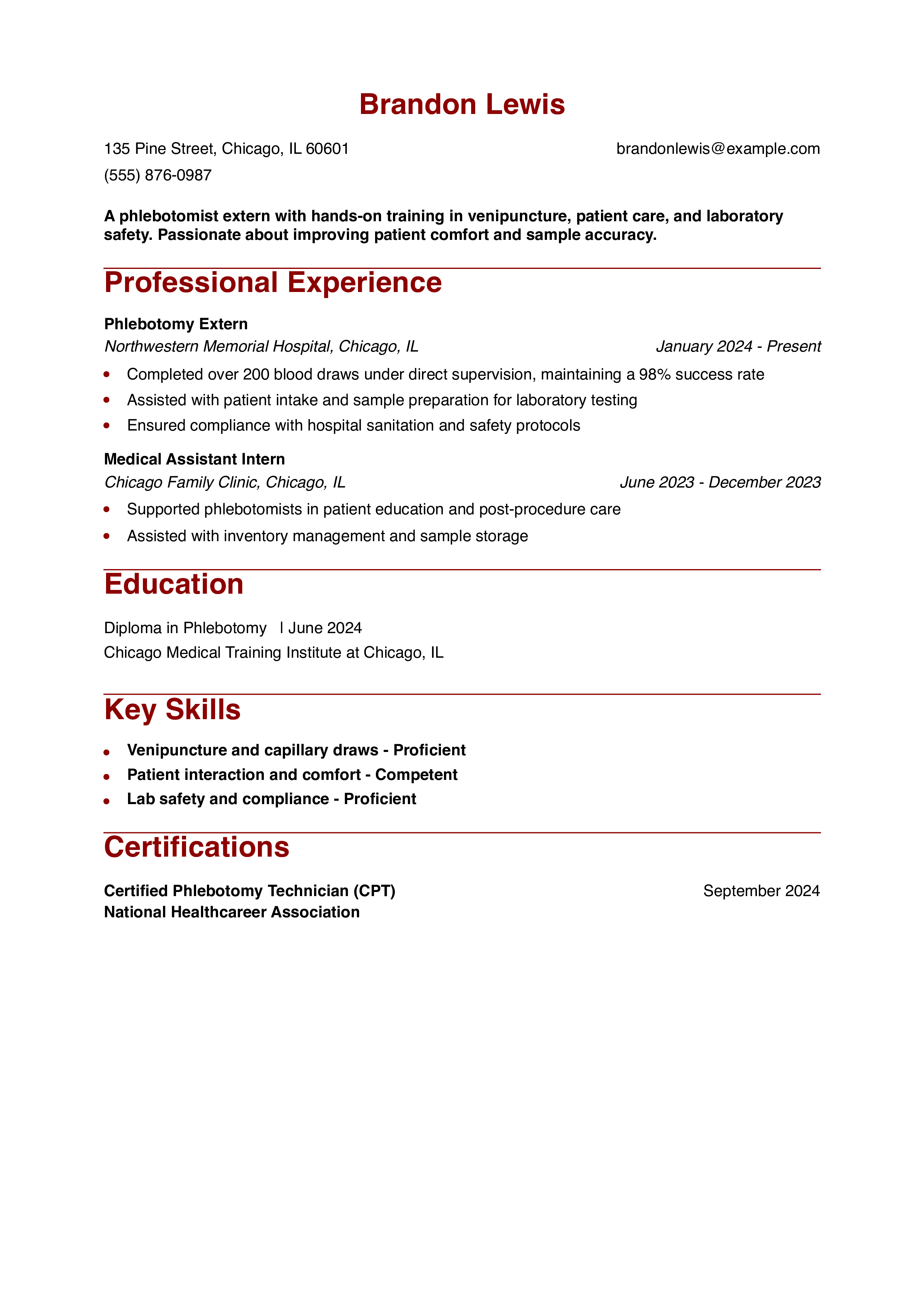 Phlebotomist Externship Resume