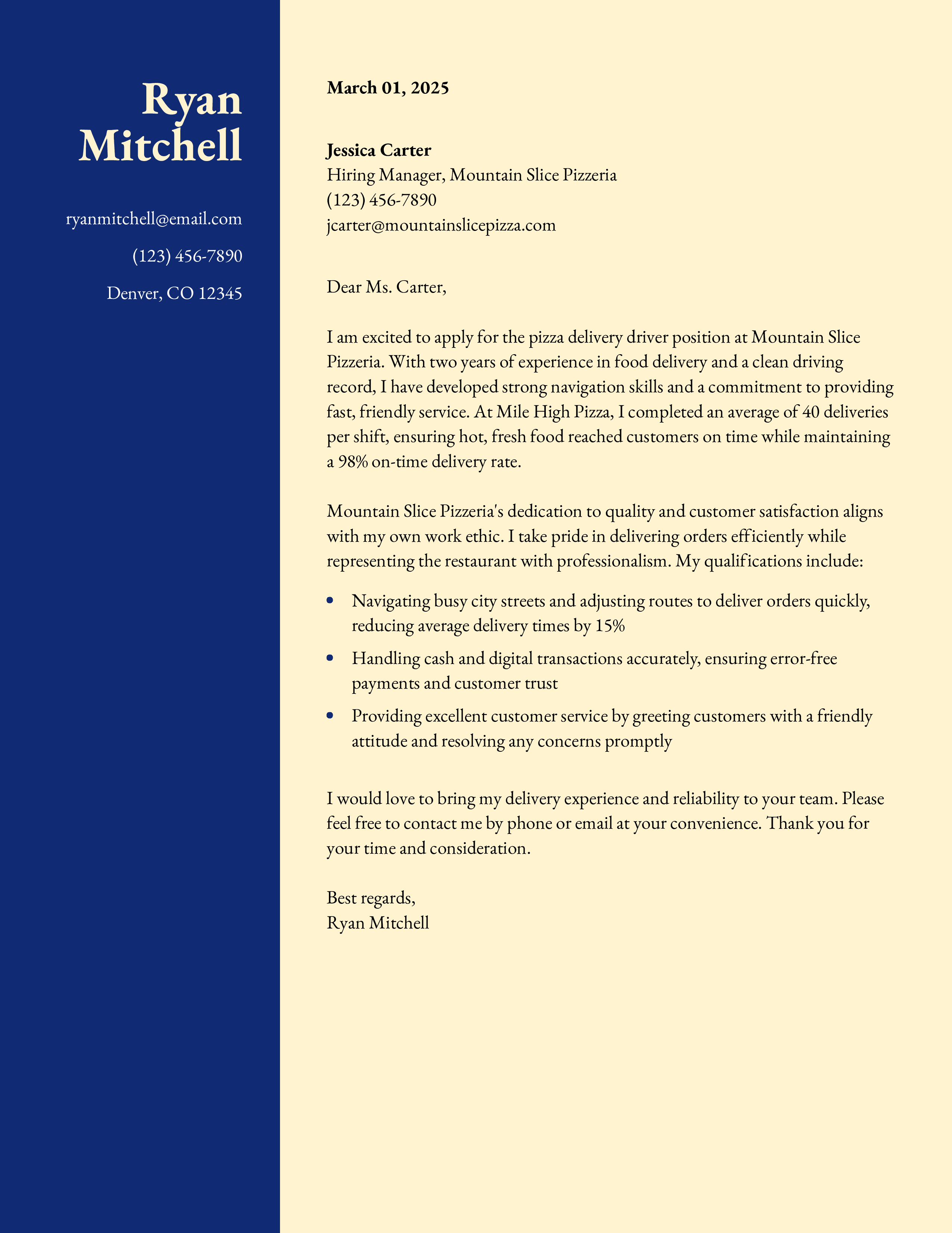 Pizza Delivery Driver Cover Letter