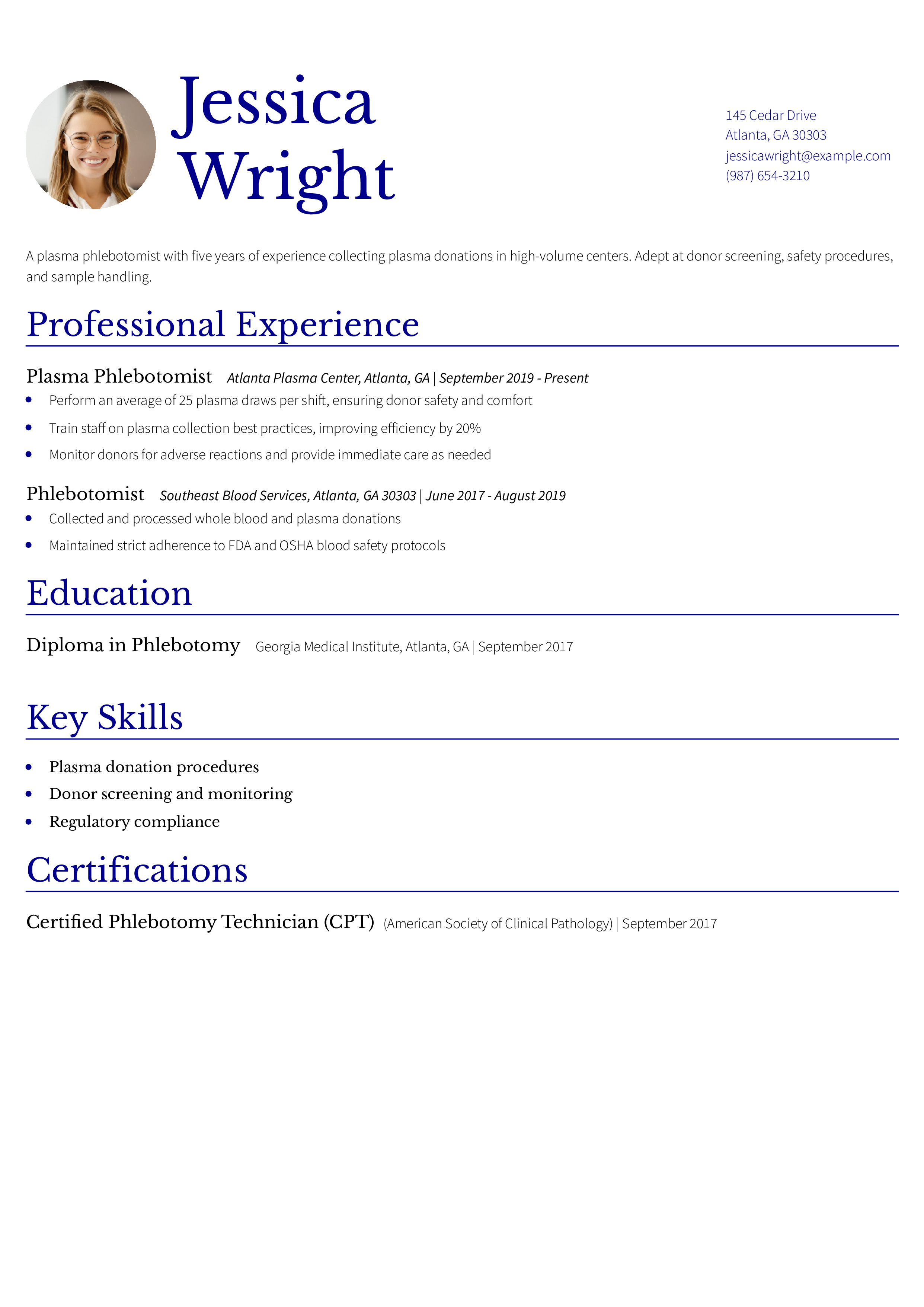 Plasma Phlebotomist Resume