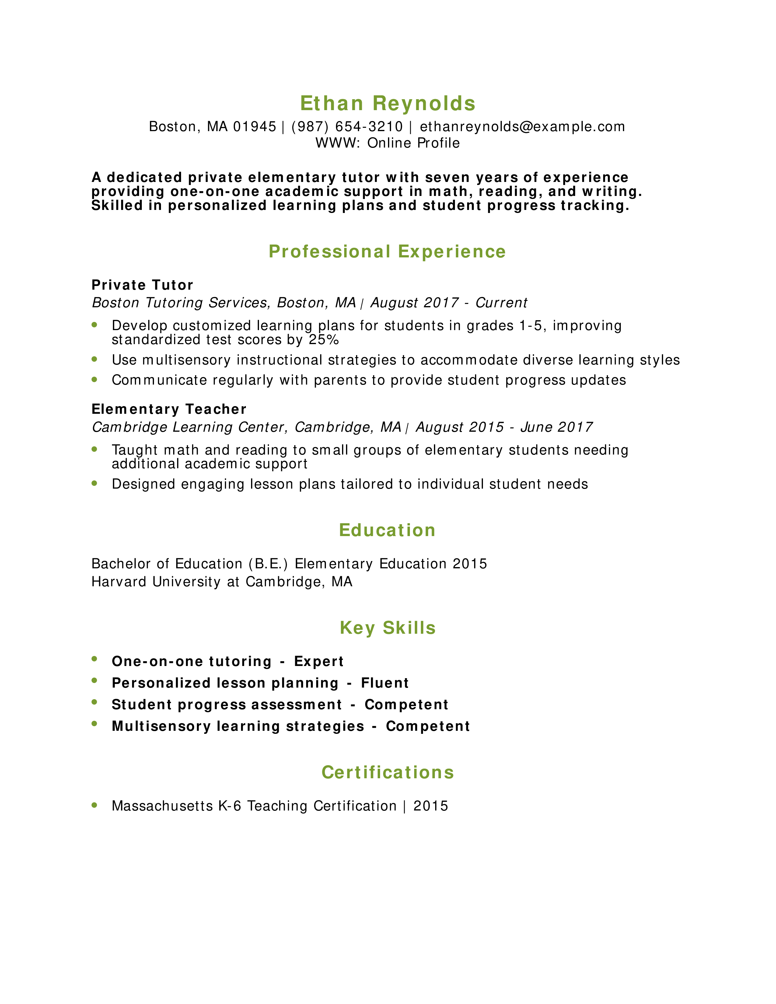 Private Elementary Tutor Resume