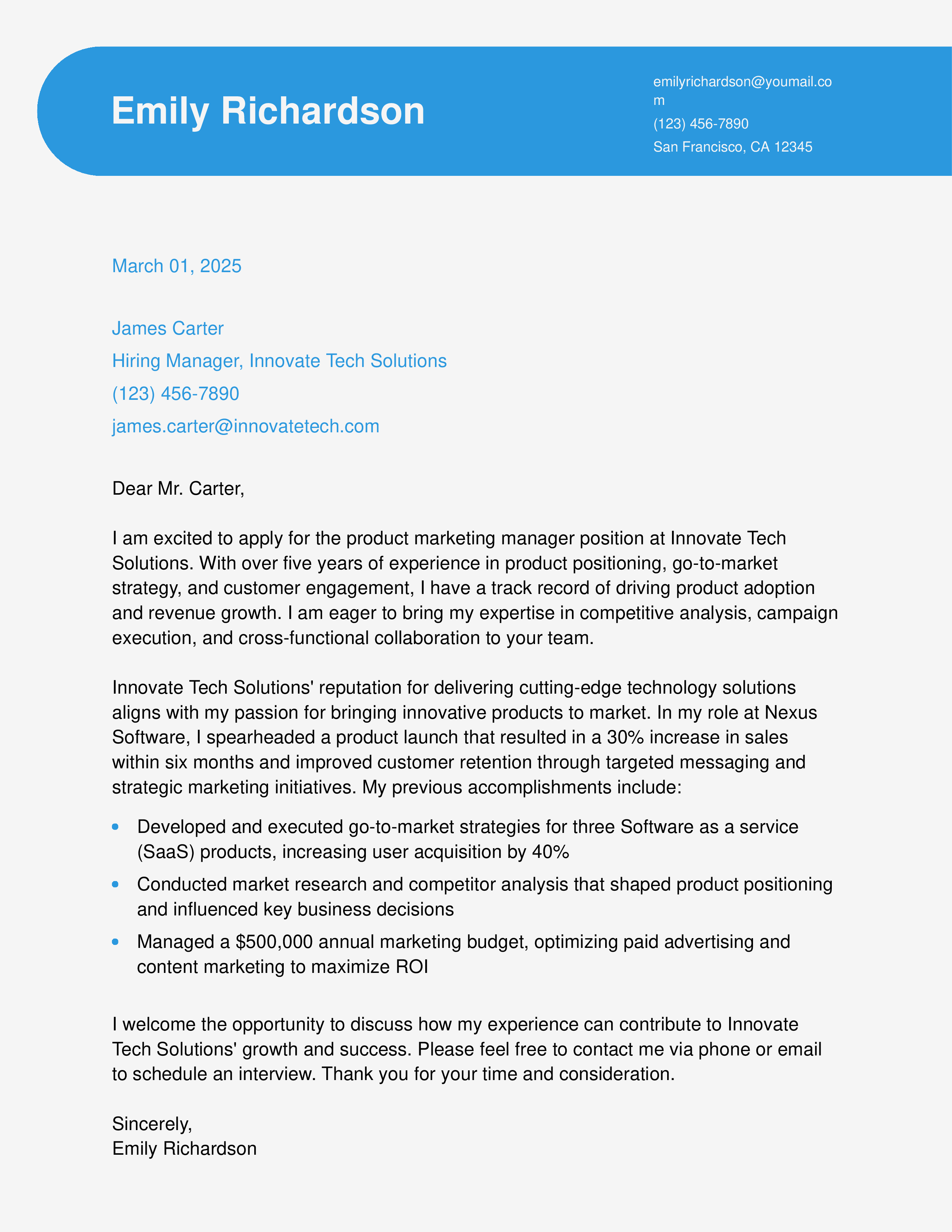 Product Marketing Manager Cover Letter