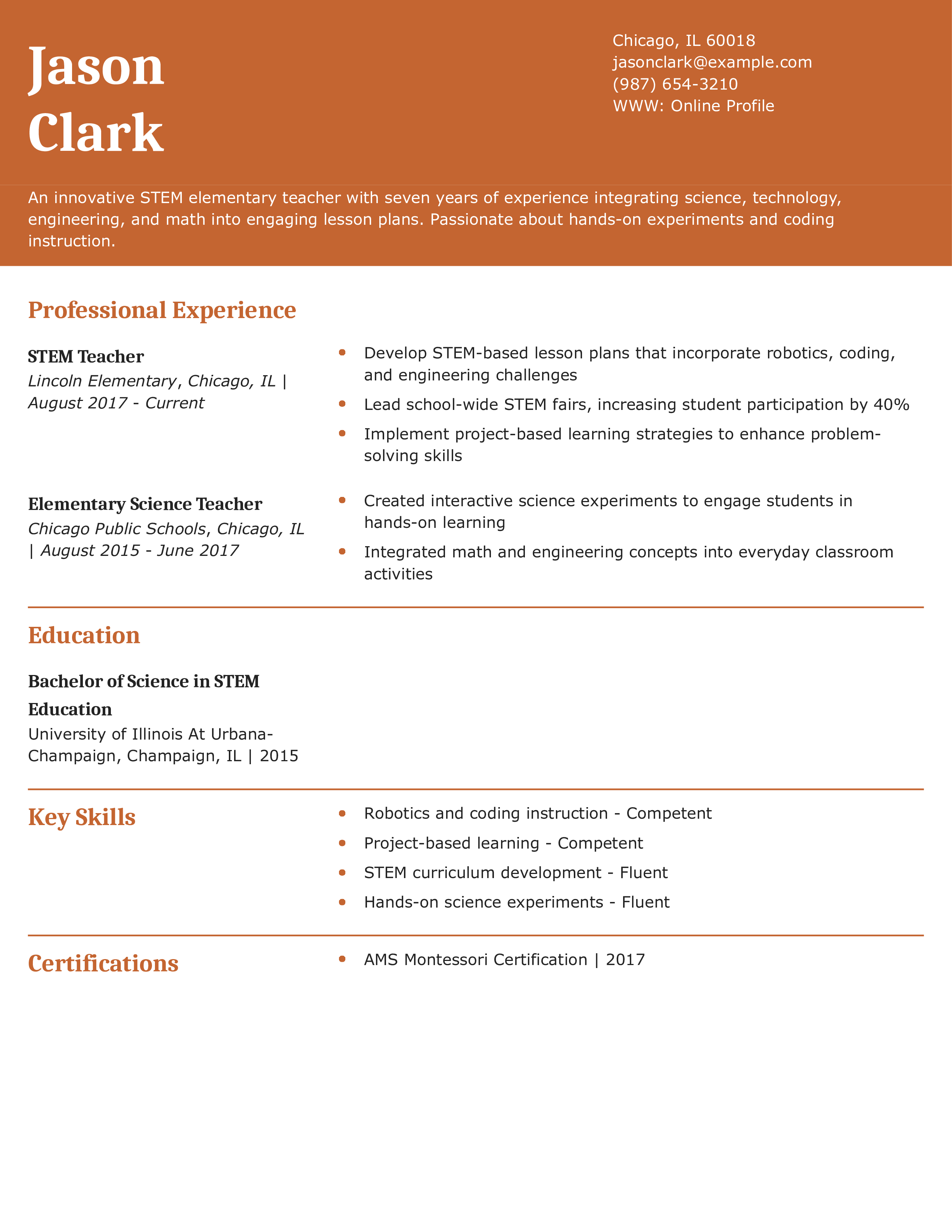 STEM Elementary Teacher Resume