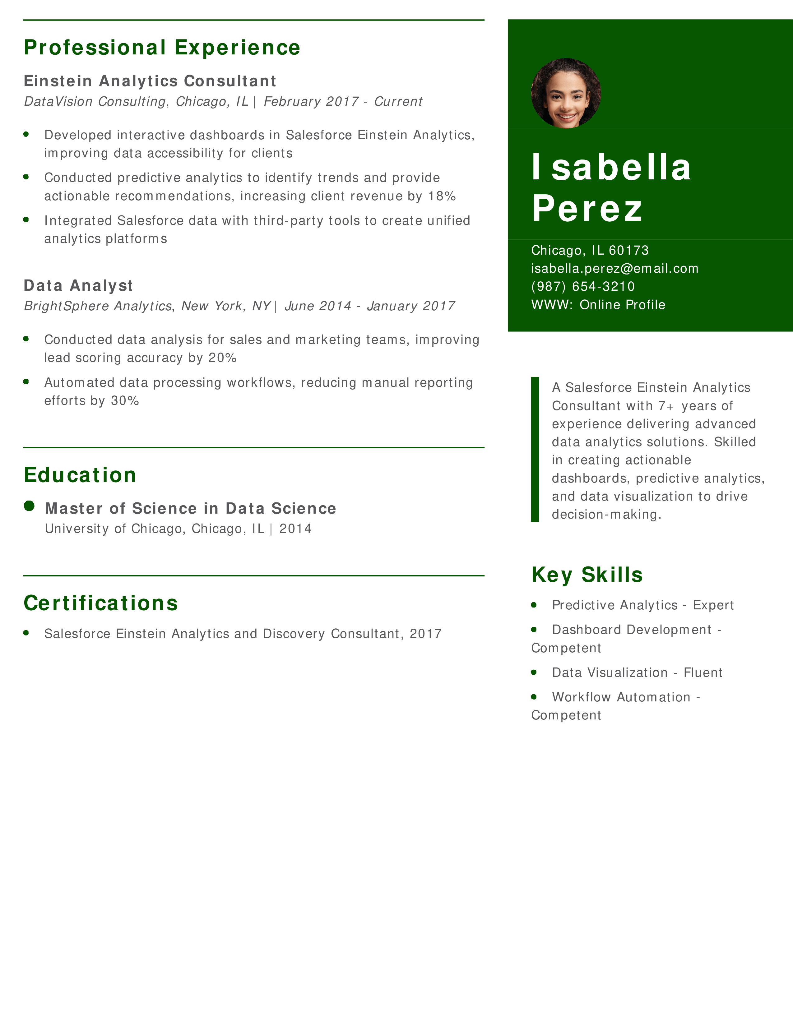 Salesforce Einstein Analytics Consultant Resume
